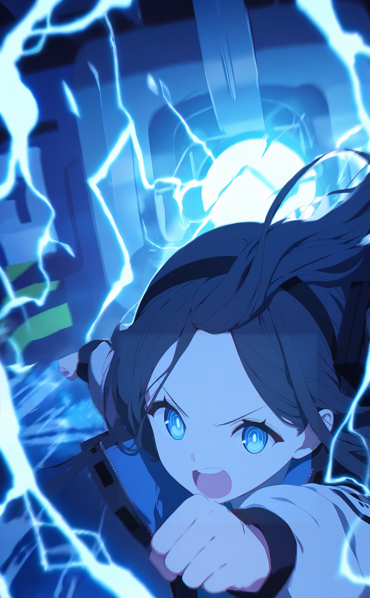 masterpiece,highres,absurdres,newest,best quality,high quality,loli,petite,chromatic_aberration,//,1girl,aris_\(blue_archive\),blue_eyes,solo,jacket,open_mouth,long_hair,black_hair,incoming_attack,ringed_eyes,blue_theme,long_sleeves,clenched_hand,forehead,electricity,white_jacket,hairband,v-shaped_eyebrows,train,upper_teeth_only,looking_at_viewer,black_hairband,one_side_up,teeth,upper_body,//,<lora:ba44——【noob】hans:1>,