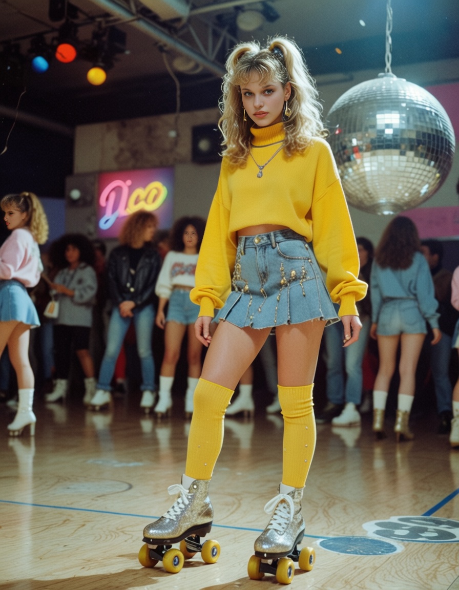 lazypos,  80s style of young woman A retro roller skating rink with a glittering disco ball overhead,  where skaters glide...
