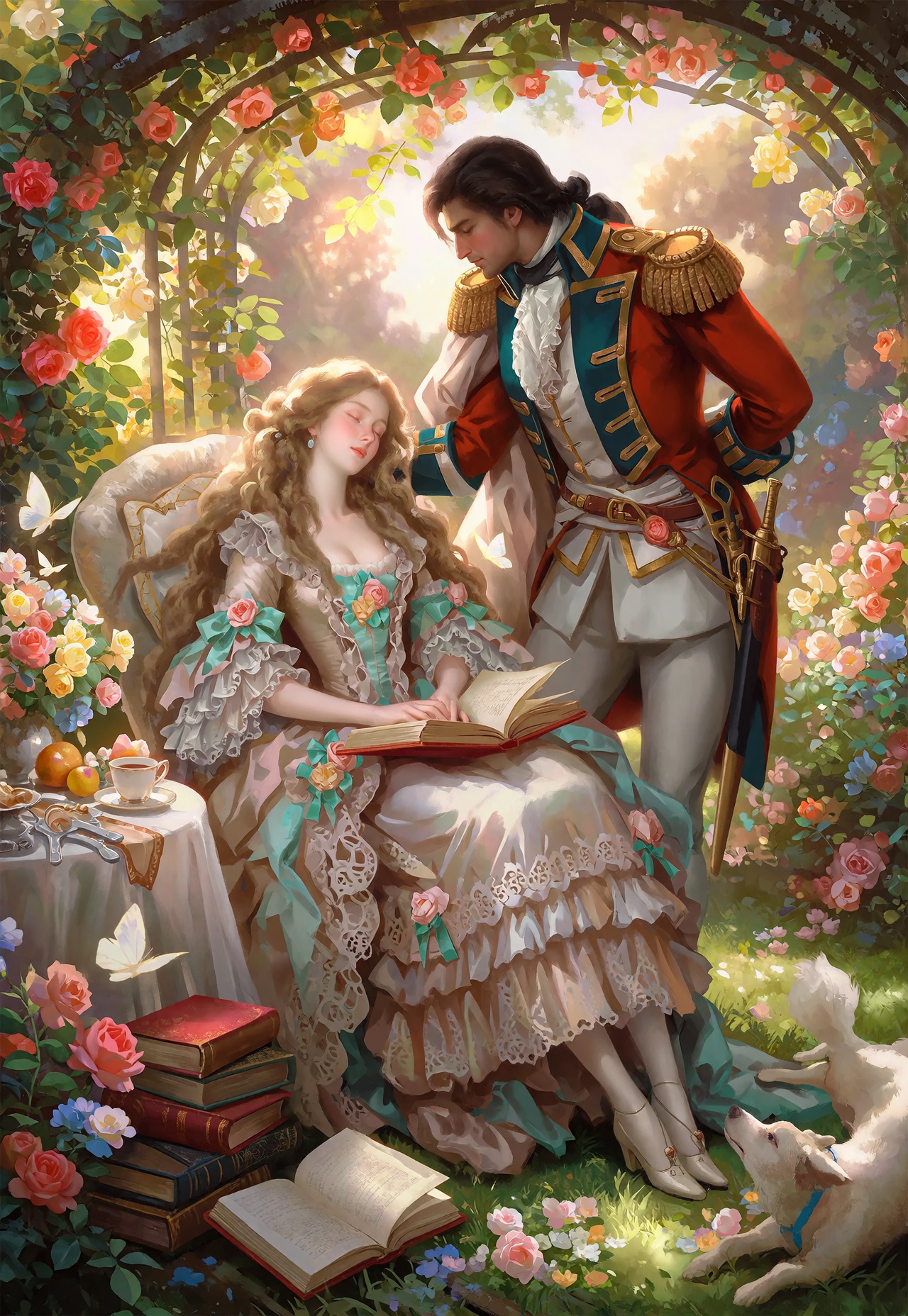 Bathed in warm,  golden afternoon sunlight filtering through a blooming rose garden arbor in a palette of apricot red,  le...
