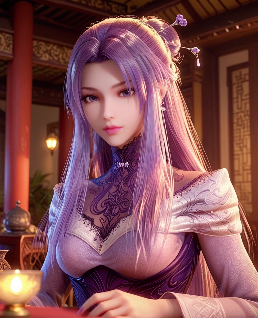 (oriental architecture, elegant decor, sophisticated style:1.1),(head down:1.1),(breasts:1.2),<lora:XL秦时明月紫女仕女服:0.95>,1girl,dress,long hair,purple hair,purple eyes,corset,hair bun,hair ornament,hairpin,medium breasts,, score_9,score_8_up,score_7_up,score_6_up,score_5_up,score_4_up,3d rendering,tag1,tag2, Cinematic Lighting,backlighting,