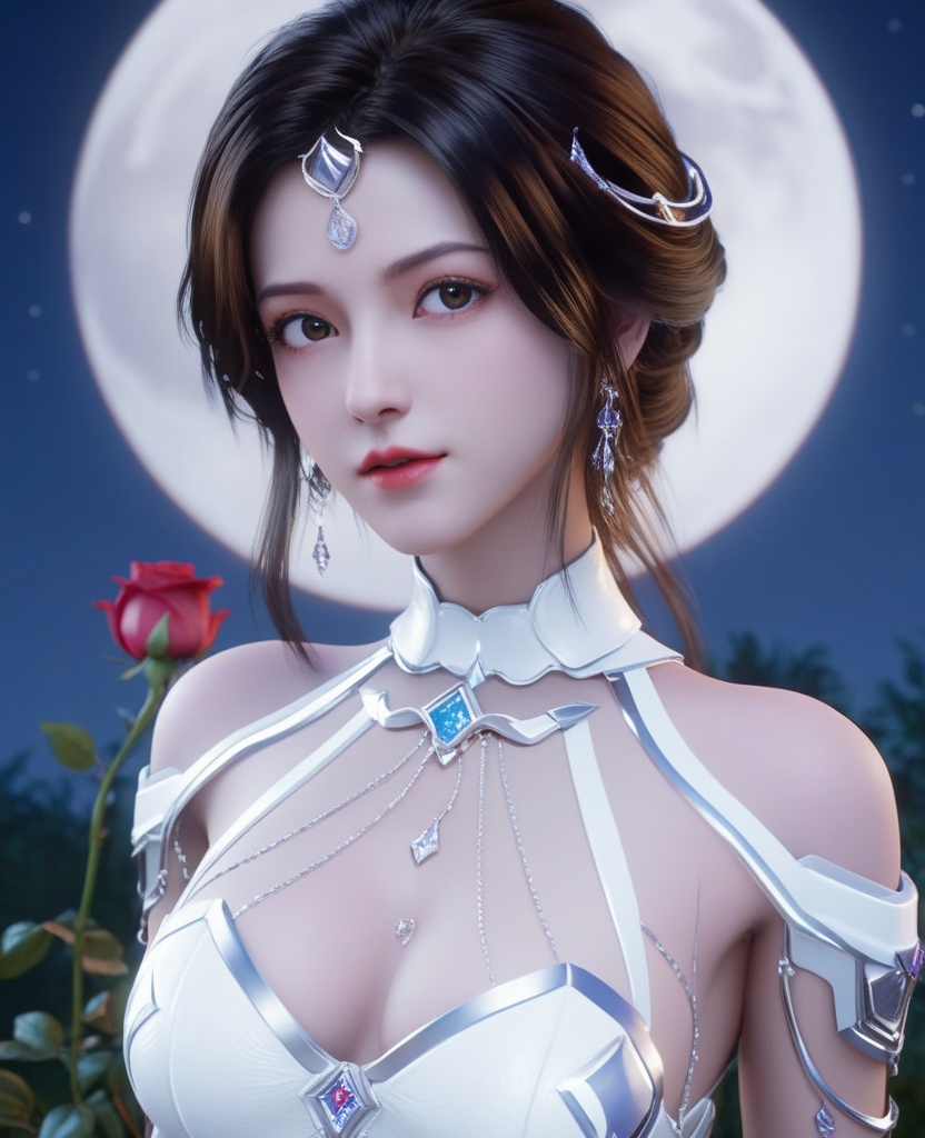 <lora:613-DA-XL-神印王座-白玥:0.8>(,1girl, ,best quality, ),looking at viewer,masterpiece, (( , )),, realistic,science fiction,mole, ultra realistic 8k cg, full moon,  rose,(cleavage), (),