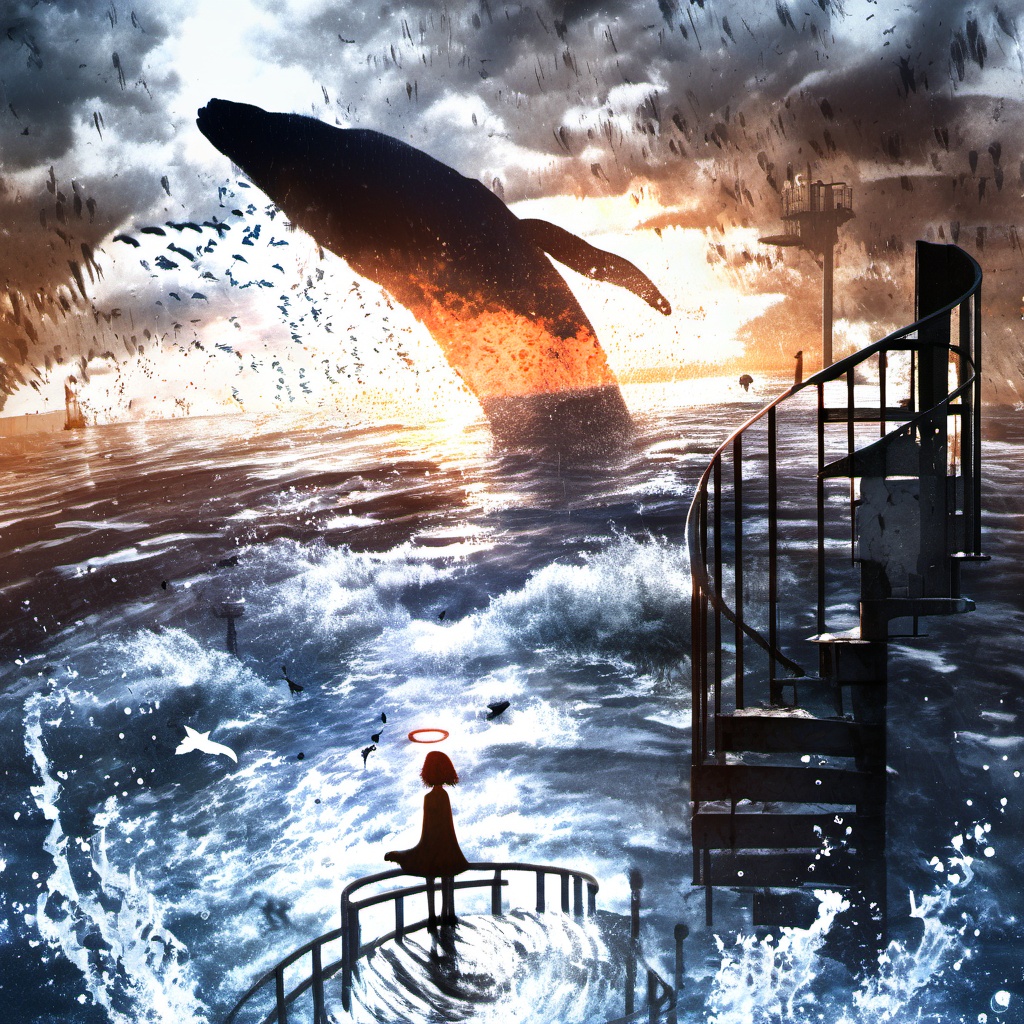 <lora:star_xl_v2:1>,a woman standing on a stair case next to a fire hydrant in the water with birds flying around, 1girl, solo, short hair, dress, standing, outdoors, water, scenery, fish, silhouette, whale, shadow, railing, surreal, The image portrays a surreal and dramatic scene set against a backdrop of a vast, turbulent sea. Dominating the foreground is a massive, dark whale, seemingly emerging from the water with its tail raised. The sea is filled with smaller fish, creating a shimmering effect. To the right, a lone figure stands on a spiral staircase, gazing out at the sea. The sky is filled with birds, possibly seagulls, flying in various directions. The overall mood of the image is intense, with the juxtaposition of the massive whale and the solitary figure adding to the drama., sea, staircase, figure, birds, drama
