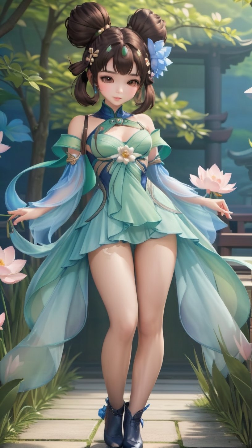 (1girl),smooth chin,masterpiece,detailed face,((hair ornament focus)),top quality,4k,make up,best quality,small breasts,(looking at viewer),chinese clothes,hair BUN,(double bun),full boday,brown hair | blue hair flower,<lora:王者_小乔_青蛇XL_v1.0:0.81>,big hair bun,(legs),puffy pants,(see-through),aged down,dress,(nipples:1.05),*****,female orgasm,(nude:1.5),pubic tattoo,lift skirt,exposed breasts,exposed *****,blush,blush body,light green dress,grass,thighhighs,