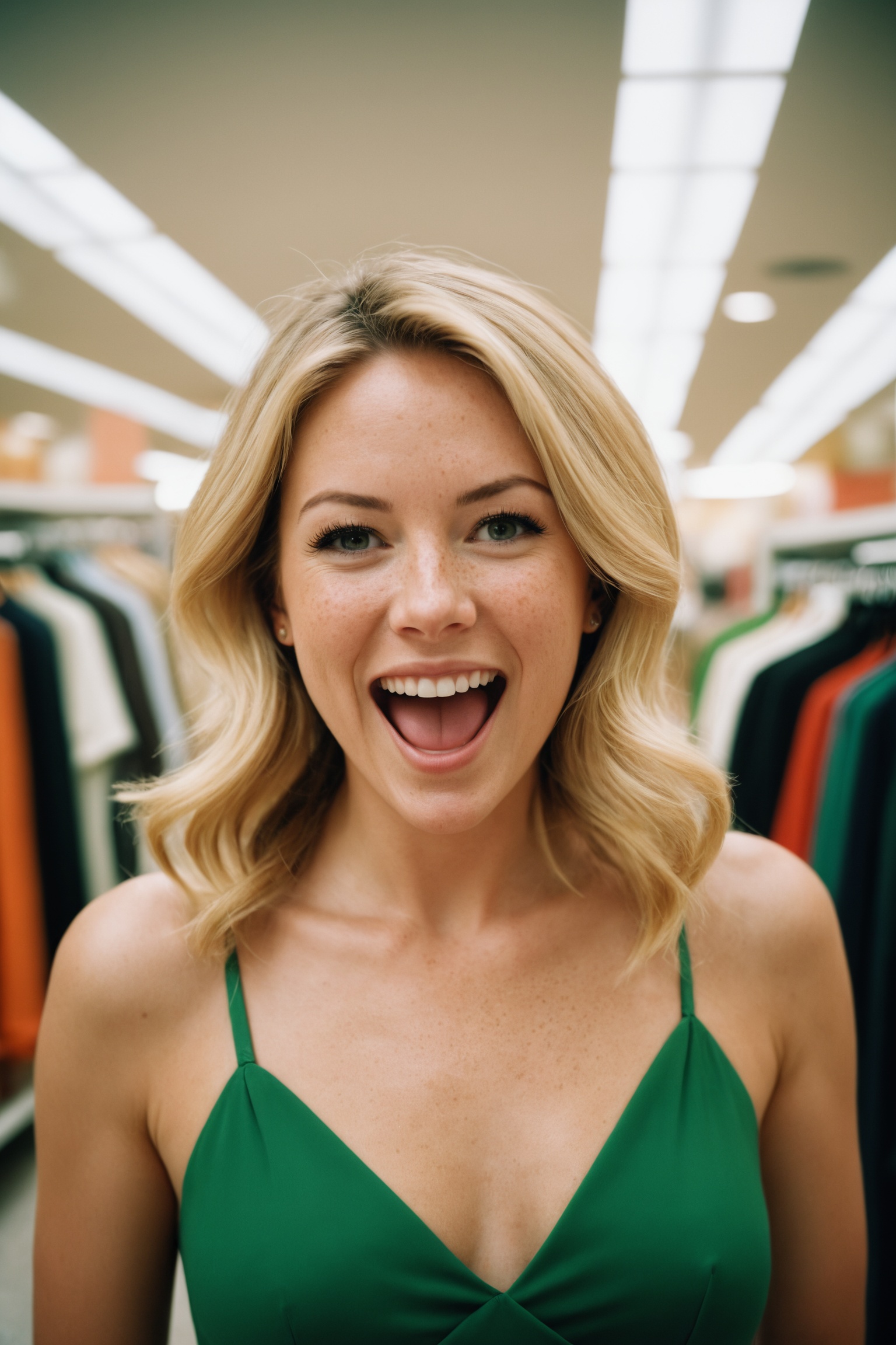 A casual,  wide angle photo of an ( 40yo blonde woman) ,  showcasing her detailed realistic skin texture and freckles. She...