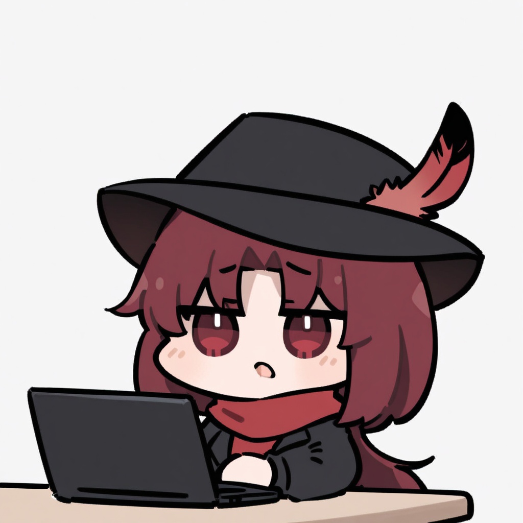 1girl,solo,red eyes,red hair,black cowboy hat,hat feather,red scarf,black jacket,chibi,meme,computer,ahoge,laptop,open_mouth,lazy,<lora:lora:0.8>,<lora:JXXLV1:0.8>,