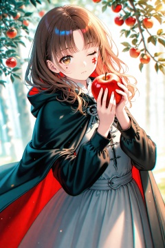 (masterpiece),(best quality),illustration,ultra detailed,hdr,Depth of field,(colorful),(chromatic aberration),1girl,brown hair,fruit,food,holding,one eye closed,cloak,apple,solo,hood,dress,looking at viewer,holding fruit,hooded cape,hooded cloak,hood down,holding food,cape,brown eyes,facial tattoo,branch,wavy hair,tree,medium hair,outdoors,one-eyed,black cloak,long hair,long sleeves,closed mouth,tattoo,grey dress,