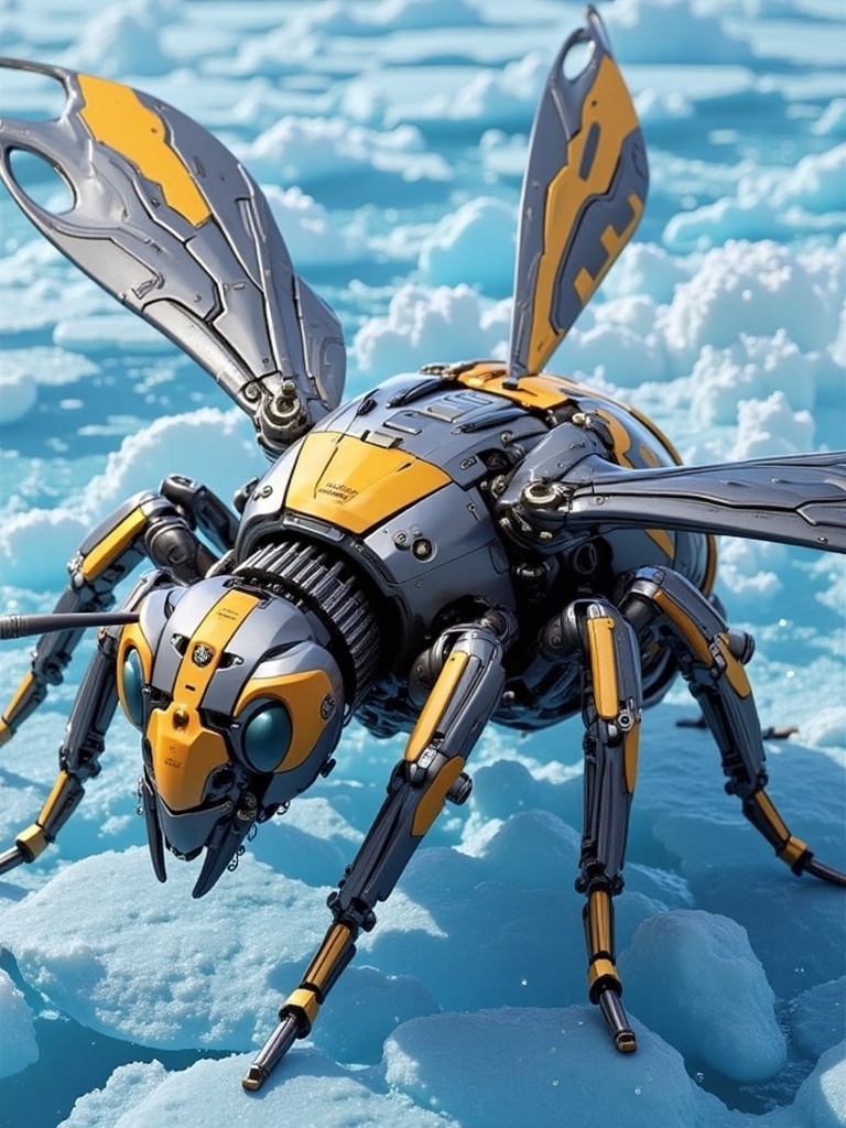 mecha,scene composed of machinery,Water,An icy blue background,a massive mechanical bee,three-dimensional lighting and shadows,3D rendering,exquisite details,combination of mechanical structures,future technology,a scene composed of machinery,a clean scene,steel texture,metallic feel,an image entirely composed of mechanical elements.,