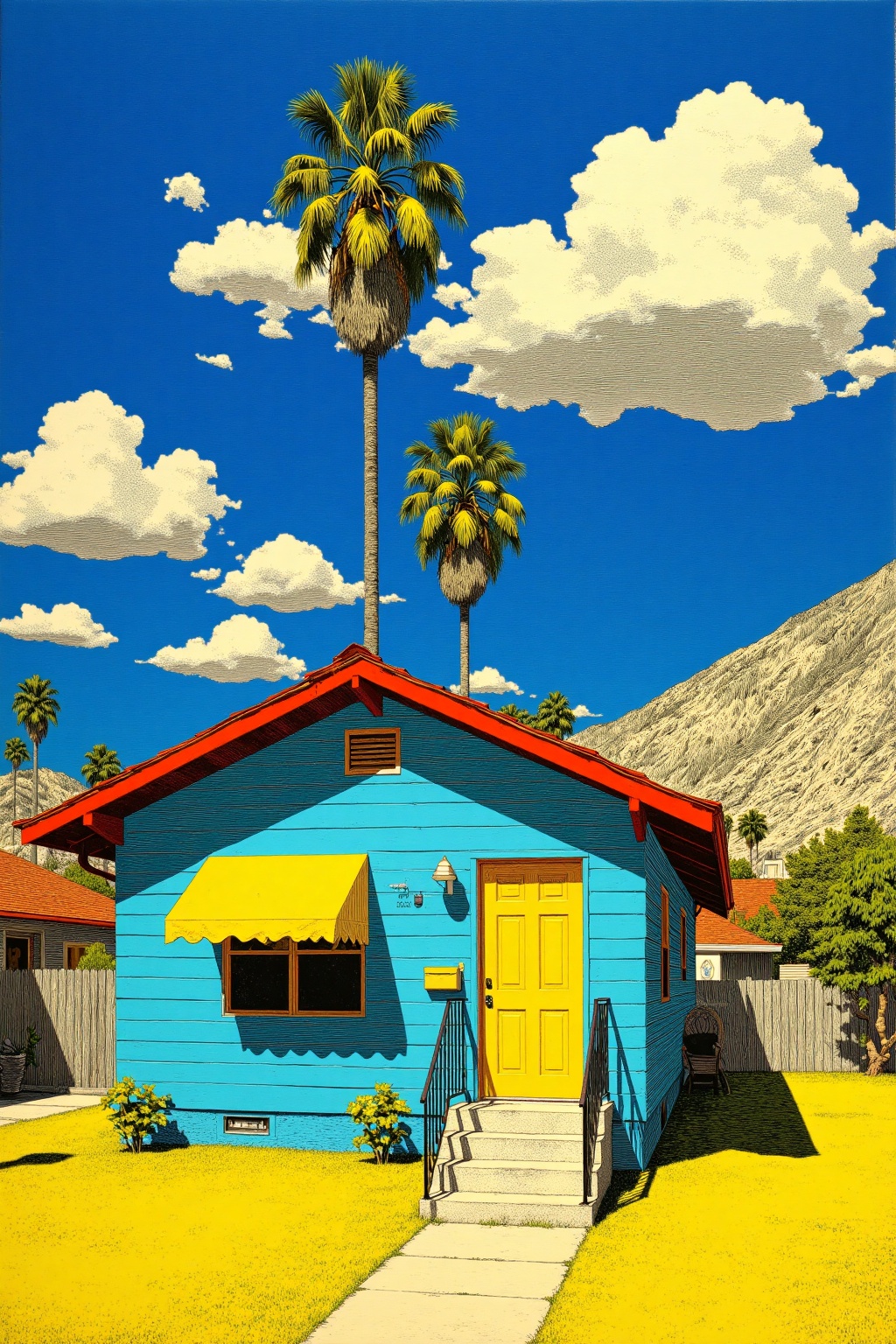 beijihui,Captured at eye-level, a medium-sized painting of a small blue house with a yellow awning on the left side of the house. The house is painted in shades of blue, with a red roof, and a yellow door on the right side. There are steps leading up to the door, and the steps are made of concrete. The sky is a deep blue, dotted with white clouds, and there are two palm trees in the distance. To the right of the palm trees, there is a mountain.