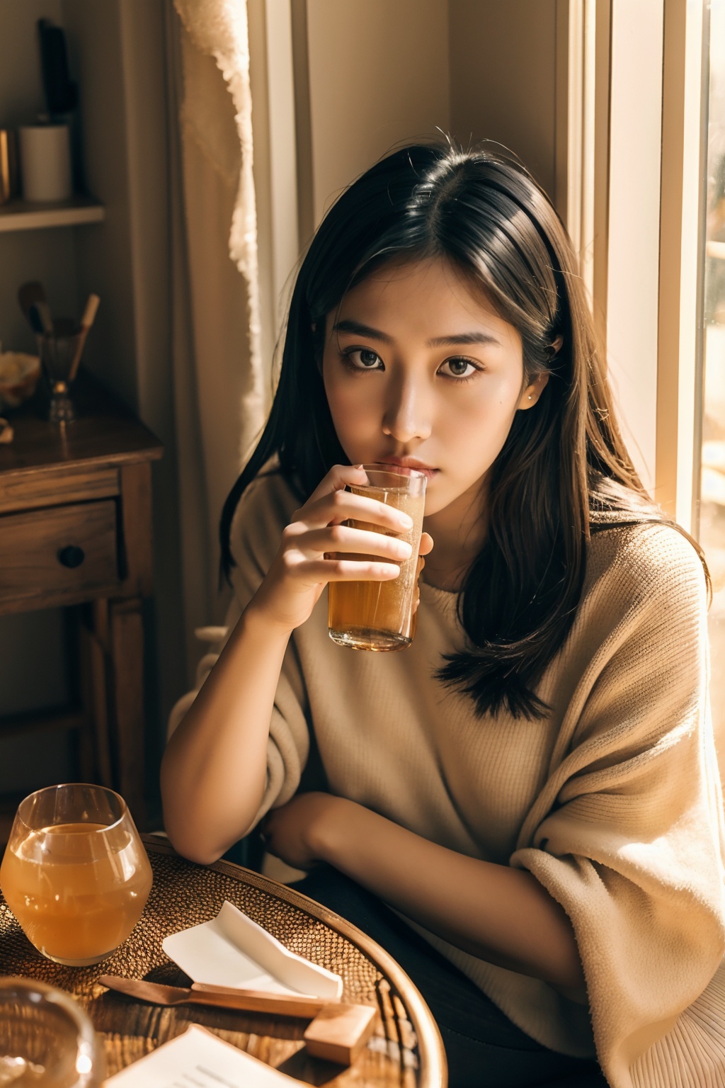 (Camera film style:1.1),1girl,asians,A young woman,illuminated by a soft,golden hue from a nearby light source,sits by a window,sipping a drink. The warm tones cast by the light create a serene atmosphere,accentuating her contemplative expression. The setting appears to be a cozy indoor space,with a blend of natural and artificial lighting,highlighting the intricate details of her face and the objects around her,, masterpiece,best quality,