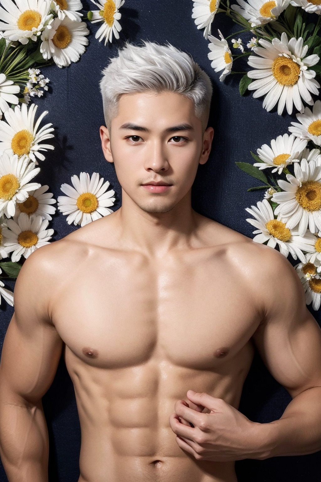 masterpiece,best quality,fenhong,1boy,white hair,pectoral fuse,surrounded by flowers,fill with flowers,daisy,topless,, masterpiece,best quality,