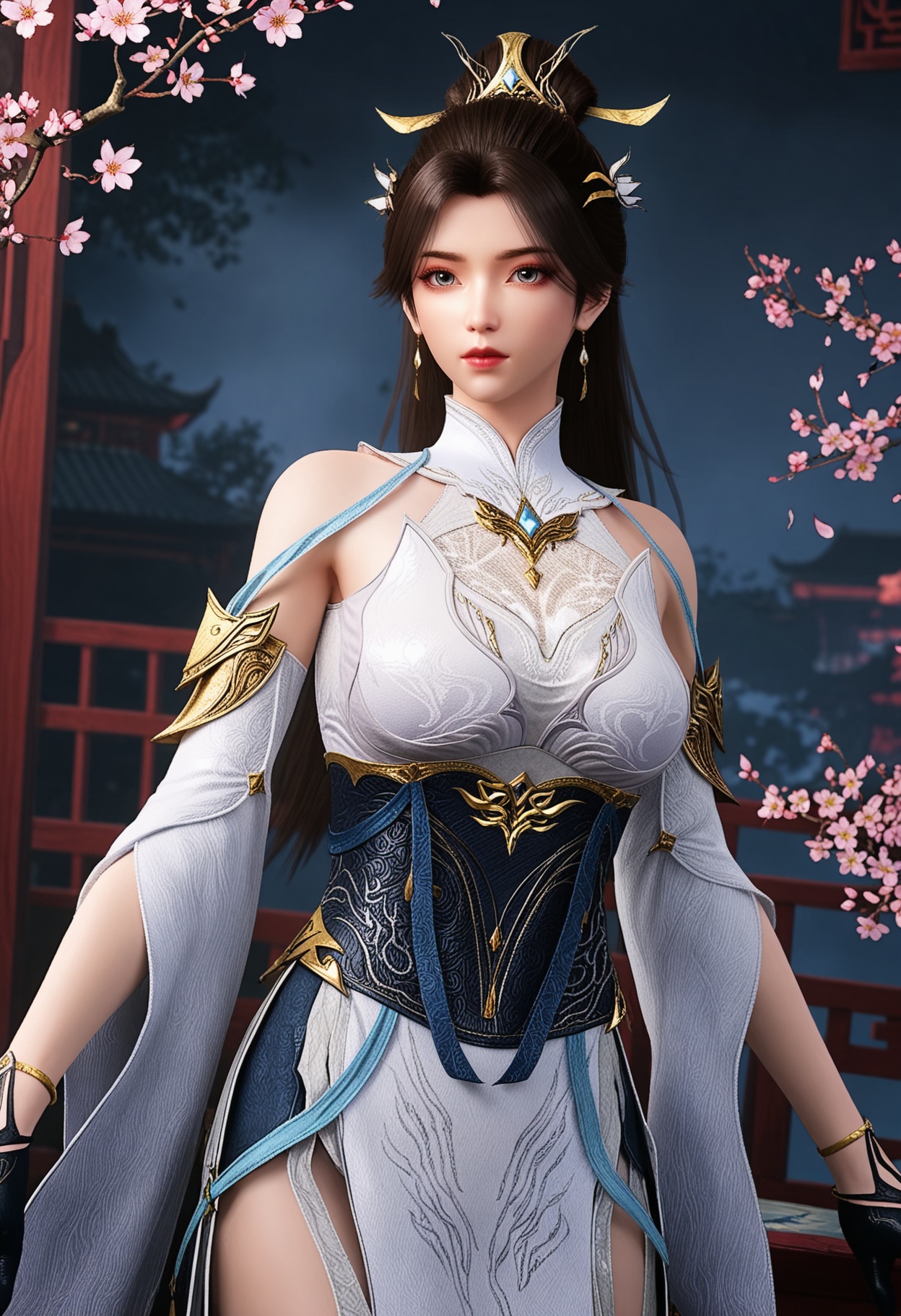 (cowboy shot:1.2),(looking at viewer:1.1),masterpiece,(best quality),smog,Dark room,dim lighting,peach blossom,falling petals,<lora:YQ_Illustrious光辉v5_灵溪_V1:0.8>,q1528437228,1girl,solo,jewelry,long hair,hair ornament,earrings,brown hair,dress,white dress,hair bun,black hair,detached sleeves,chinese clothes,gloves,ponytail,black gloves,single hair bun,high heels,brown eyes,grey eyes,blue eyes,sash,bracelet,