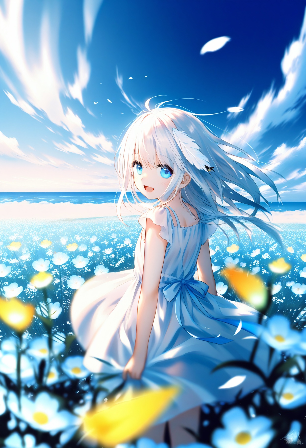Elite,Loli,fisheye ((from above from behind)) (very wide shot) summer (lens flare) flower field cinematic lighting ray tracing depth of field (blurry foreground) (chiaroscuro) cowboy shot horizon 1girl white dress white hair floating in the wind (looking back) :d blue eyes happy (blue sky cloudy sky) petals bird feather
