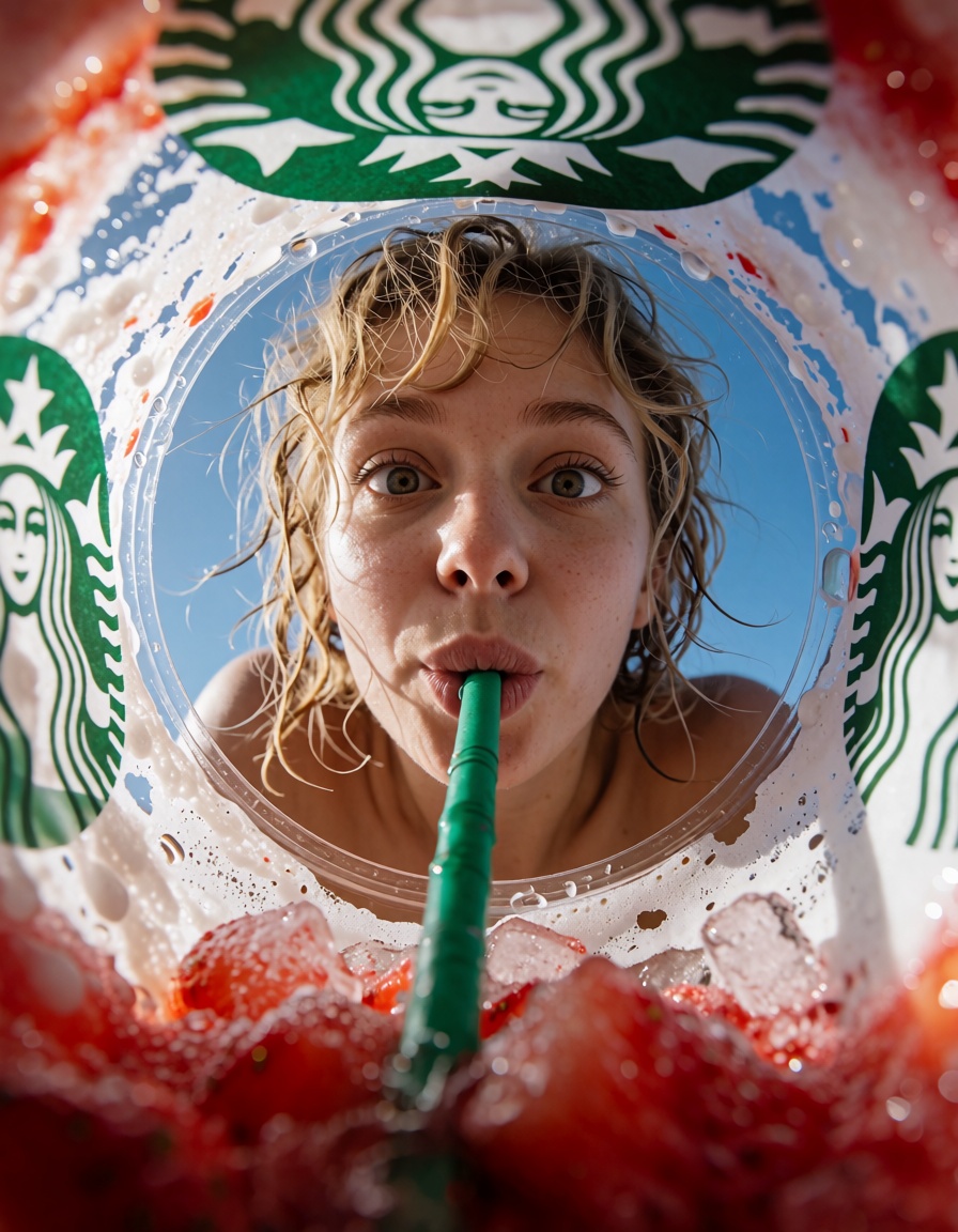 Extreme low-angle macro shot looking straight up from the bottom of a transparent Starbucks cup with thick rim forming cir...