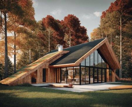 there is a house with a ramp in the middle of the woods, a 3D render by Béla Iványi-Grünwald, trending on unsplash, environmental art, house in forest, vegetated roofs, modern house made of tree, <lora:Archiveria_yiu_v20:0.6>