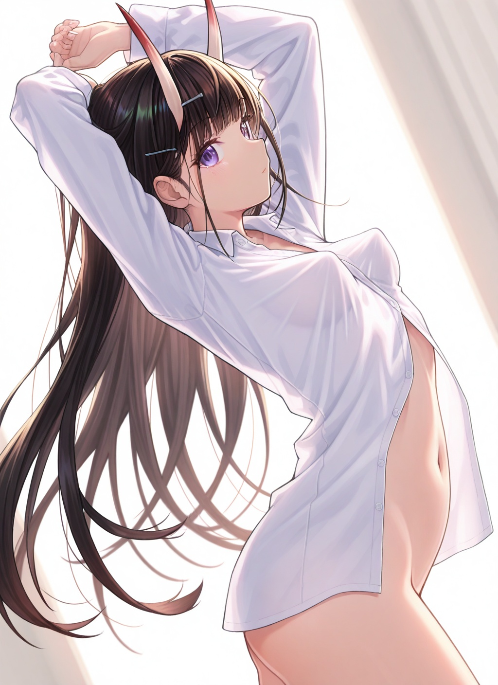 <lora:noshiro_IL_v1.0:1>,noshiro \(cozy enclave\) \(azur lane\),naked shirt,perky breasts,looking at viewer,head_up,from side,leaning back,standing,twisted torso,arm up,dutch angle,no pants,navel,solo,, masterpiece,best quality,