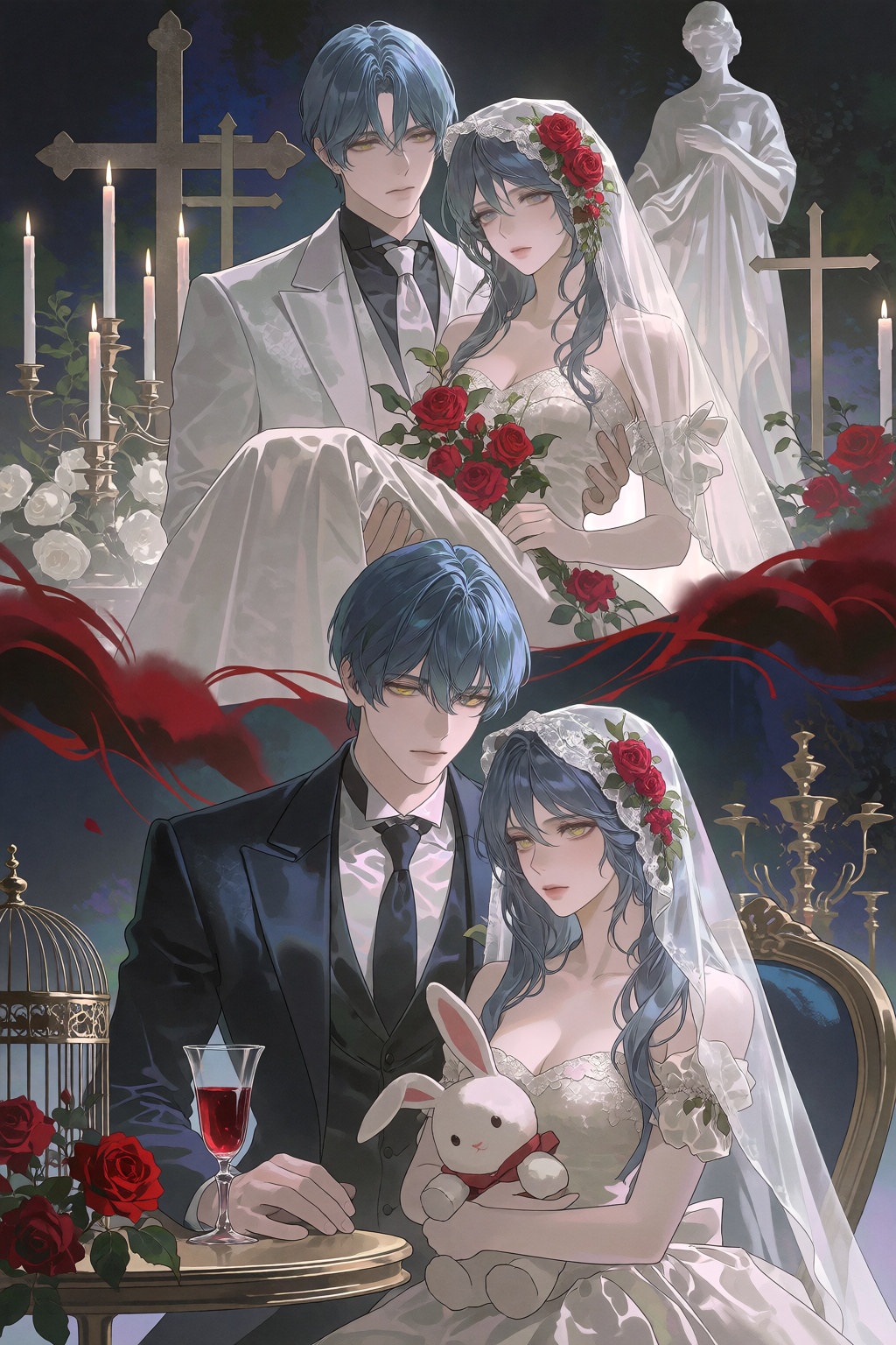 A full-length vertical composite features two couples with greyish-blue hair in wedding-like attire. The top section shows...