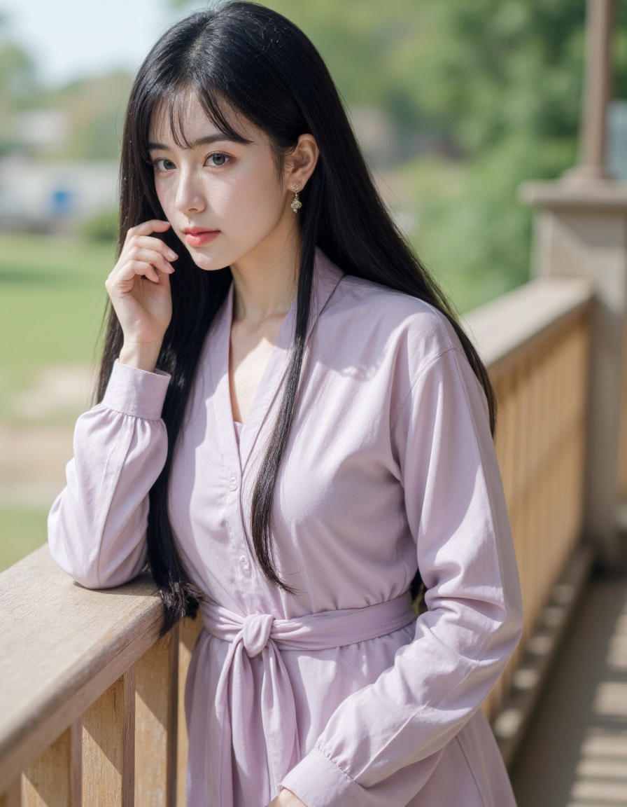 realistic, photorealistic, upper body, 1girl, solo, black hair, long hair, dress, jewelry, earrings,  looking at viewer, outdoors,