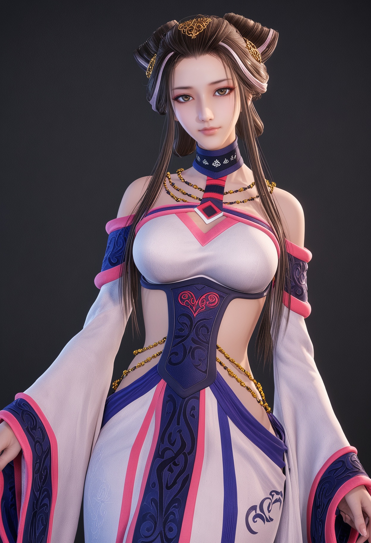 (gigantic breasts:0.6),(cowboy shot:1.1),(looking at viewer:1.1),facing viewer,direct gaze,<lora:YQ_pony_xiangfuren_V4:0.8>,q1528437228,1girl,solo,long hair,black hair,jewelry,bare shoulders,necklace,hair ornament,brown hair,dress,sidelocks,wide sleeves,long sleeves,choker,hair bun,brown eyes,detached sleeves,grey eyes,blue eyes,BREAK simple background,pure black background,black background,perfect anatomy,