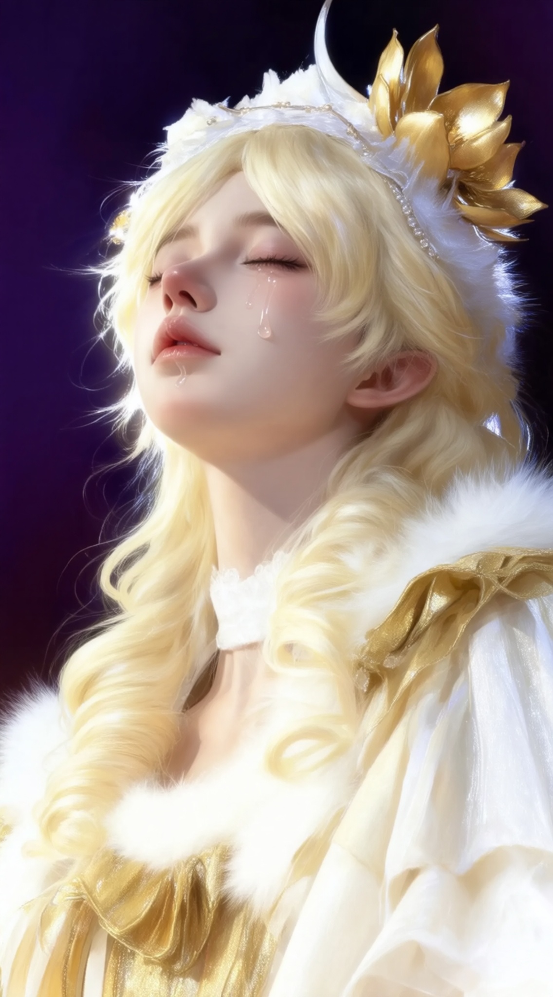 a close-up portrait of a young woman with long, wavy blonde hair, wearing a white and gold dress with a fur collar and a headpiece adorned with a golden flower, the woman, who appears to be in her early twenties, has closed eyes and a serene expression, with tears streaming down her face, she is positioned in the middle of the image, with her upper body visible, the background is a dark, gradient purple, which contrasts with the womans delicate features, the lighting is soft and warm, highlighting her features and creating a gentle glow on her skin, the image has a high level of detail and realism, making it a beautiful and captivating piece of art,, Negative prompt: ng_deepnegative_v1_75t,(badhandv4:1.2),EasyNegative,(worst quality:2),,nsfw, Steps: 30, Sampler: Euler, CFG scale: 6.0, Seed: 2920606861, Size: 1142x2048, Model hash: 98763a1277, Model: Qwen-Image_1.0.safetensors, Denoising strength: 0, RNG: CPU, Lora 1: ZOZ_湿润特效, Lora Hash 1: 36836624eb, Lora Weight 1: 0.8, vae_name: automatic