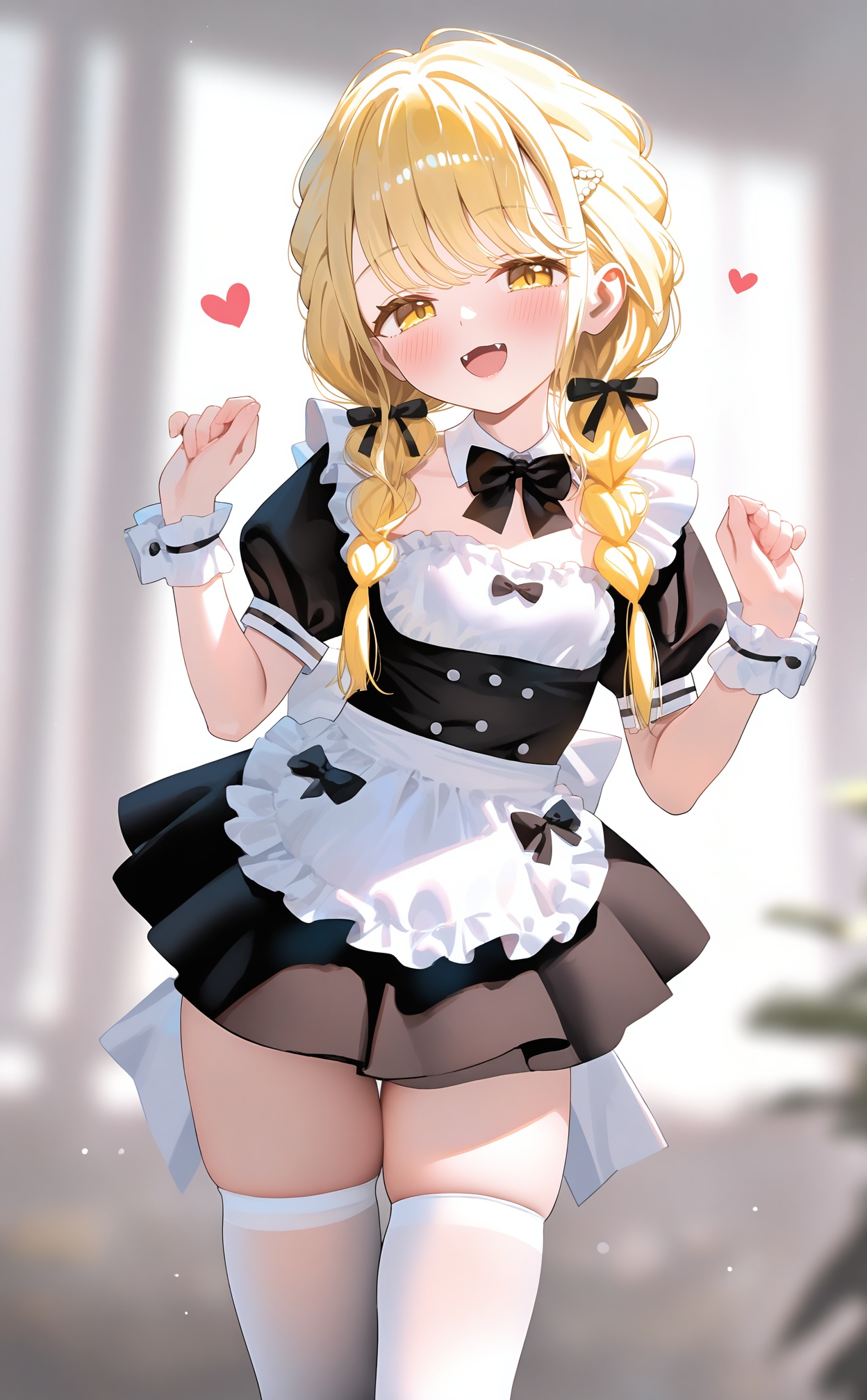 masterpiece,very aware,highres,absurdres,newest,best quality,loli,petite,high quality,chromatic_aberration,White Theme,//,fujita_kotone,1girl,blonde_hair,solo,apron,thighhighs,yellow_eyes,virtual_youtuber,white_thighhighs,looking_at_viewer,braid,twin_braids,wrist_cuffs,smile,bow,white_apron,skindentation,dress,maid,black_bowtie,black_dress,open_mouth,bowtie,black_bow,zettai_ryouiki,long_hair,short_sleeves,frilled_apron,blush,fangs,maid_apron,frills,pleated_dress,puffy_sleeves,hair_ribbon,blurry_background,detached_collar,puffy_short_sleeves,ribbon,thighs,heart,twintails,blurry,:d,grey_thighhighs,hands_up,waist_apron,black_ribbon,hair_over_shoulder,short_dress,alternate_costume,standing,skirt,cowboy_shot,//,<lora:shaojiayan33——【noob】hans:0.8>,