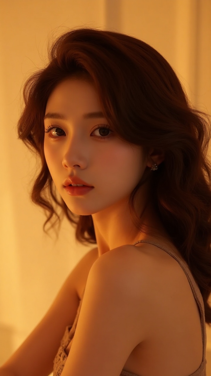 Harbor breeze,Harbor breeze,(masterpiece:1.2),best quality,highres,ultra-detailed,extremely detailed wallpaper,perfect lighting,(extremely detailed CG:1.2),featuring a young Asian woman with curly brown hair and soft,glowing skin. She stared aside,her expression serious. The background is a warm golden gradient that adds a dreamy,ethereal quality.The overall aesthetic is elegant and cinematic with a retro Hong Kong feel,evoking a sense of mystery and intrigue.,1girl,