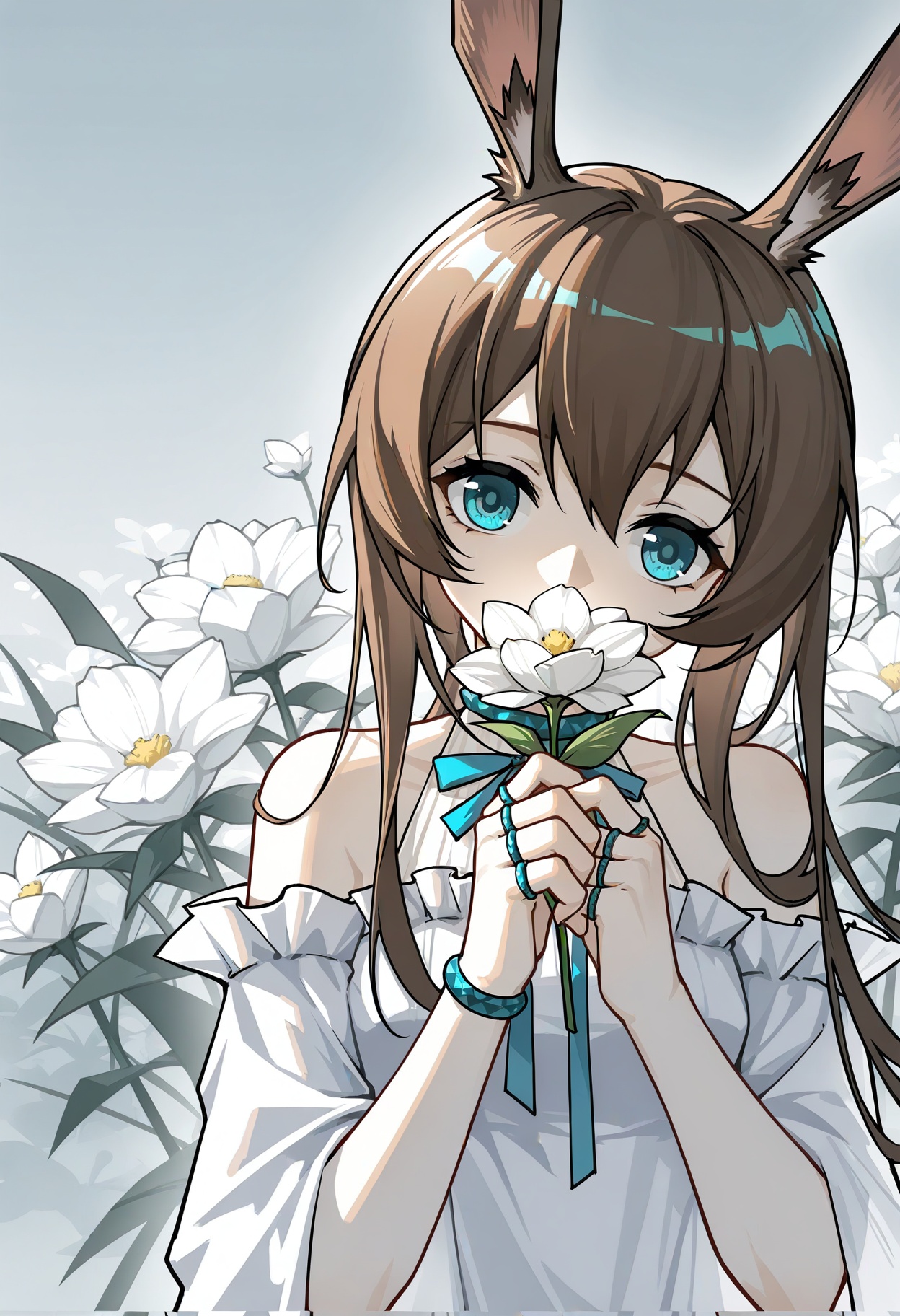 jiuxiaoshi,arknights,amiya \(arknights\),1girl,animal ears,blue eyes,brown hair,covered mouth,flower,holding,holding flower,long hair,looking at viewer,rabbit ears,rabbit girl,solo,white flower,