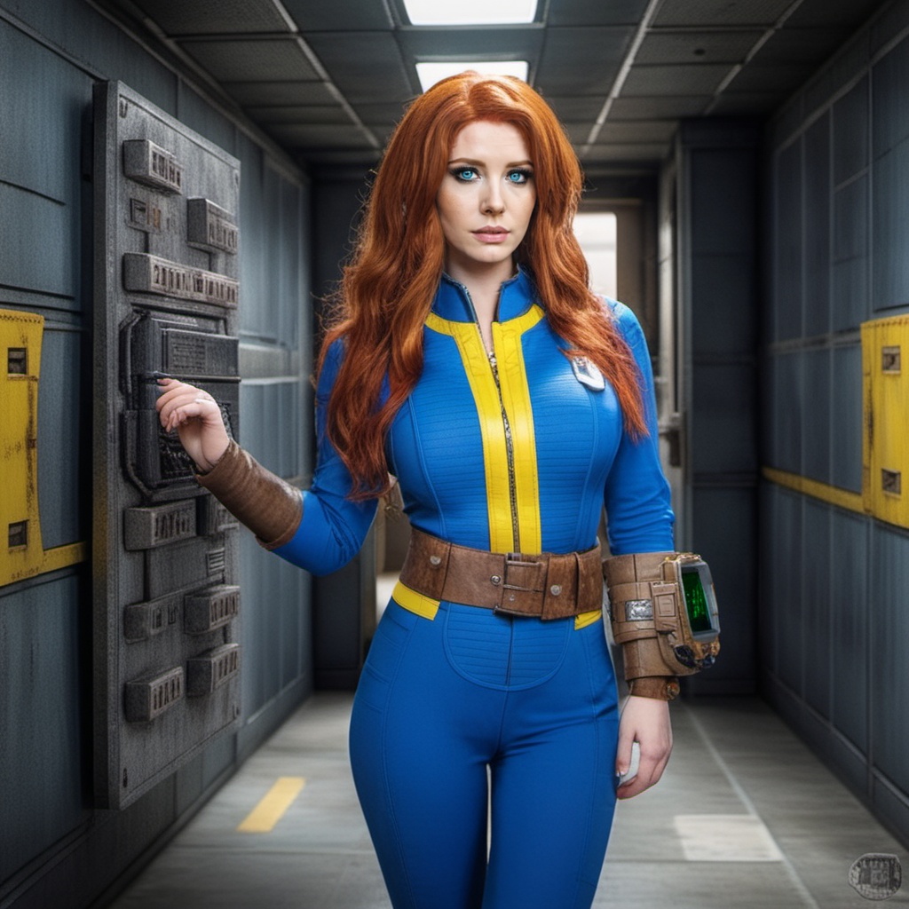Dystopian style a redhead busty woman wears a blue and yellow outfit,  a computer wrist,  a belt on Tensor.Art