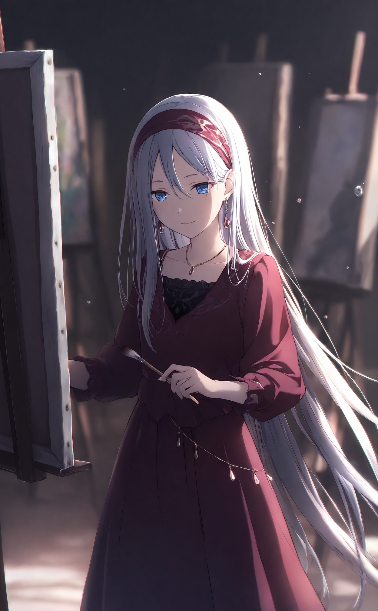 masterpiece,highres,absurdres,newest,best quality,high quality,chromatic_aberration,//,1girl, solo, long_hair, jewelry, yoisaki_kanade, blue_eyes, necklace, hairband, blurry, dress, very_long_hair, long_sleeves, hair_between_eyes, water_drop, earrings, closed_mouth, blurry_background, canvas_\(object\), smile, holding, collarbone, painting_\(object\), straight_hair, wide_sleeves, light_smile, standing, floating_hair, paintbrush, grey_hair, looking_to_the_side, depth_of_field, white_hair, red_dress, belly_chain, painting_\(action\)//,<lora:PJSKcg925——【NOOB】hans:0.8>,