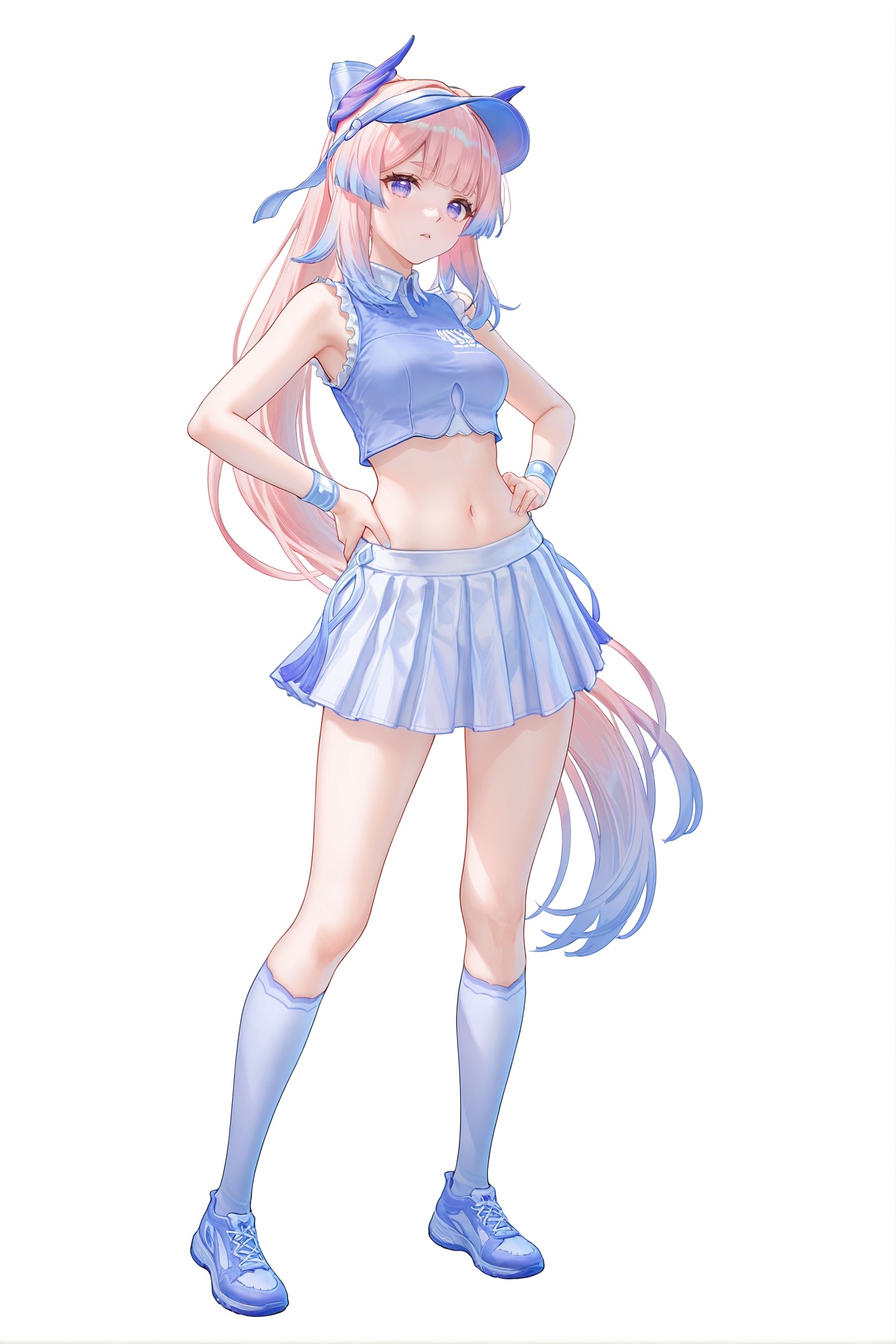 8k,best quality,masterpiece,(ultra-detailed),(high detailed skin),((artist:reoen),(artist:fuzichoco),(artist:atdan),(artist:torino_aqua),year 2024:0.8)1girl,[artist:wlop],[artist:ningen_mame],artist:ciloranko,[[artist:rhasta]],artist:tidsean,colorful,full body,full shot,standing,looking at viewer,(solo:1.2),simple background,(white background:1.2),hand on own hip,(white background:1.1),<lora:xinhai_new-ill-Tanger:0.8>,Sangonomiya Kokomi  /\(maidong/\),clothes: maidong sportswear,maidong sun visor,1girl,sangonomiya kokomi,navel,socks,midriff,skirt,sidelocks,pink hair,bangs,cheerleader,kneehighs,alternate costume,pleated skirt,sneakers,(Jersey number 455:1.1),
