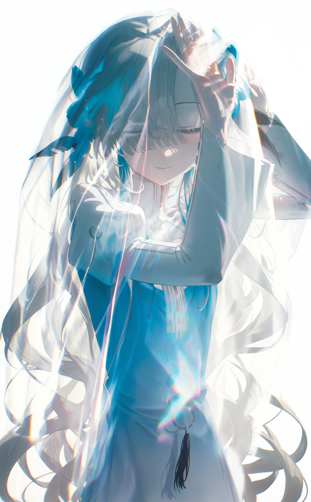 masterpiece,highres,absurdres,newest,best quality,high quality,loli,petite,chromatic_aberration,//,isekai joucho, 1girl, solo, virtual youtuber, closed eyes, long hair, blue hair, hair over one eye, blue dress, dress, white dress, multicolored hair, hair ornament, hair flower, upper body, two-tone hair, two-tone dress, veil, gradient dress, long sleeves, blue flower, white hair, flower, closed mouth, white background, arms up, very long hair, juliet sleeves, grey hair, expressionless, simple background, light smile, hands up//,<lora:konya_karasue3——【noob】hans:1>,