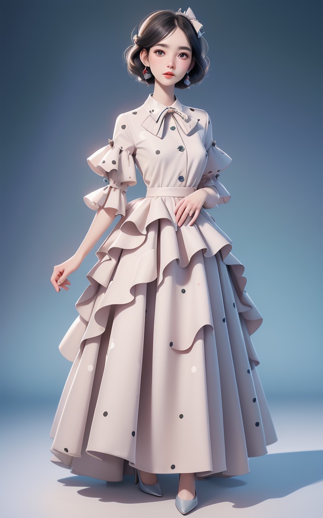 breathtaking Playful polka dot wrap dress with ruffled details and a flared skirt,design by Thom Browne (汤姆·布朗),Giorgio Armani (Giorgio Armani),Kneeling with one hand on the thigh,putty,full body, . award-winning, professional, highly detailed
