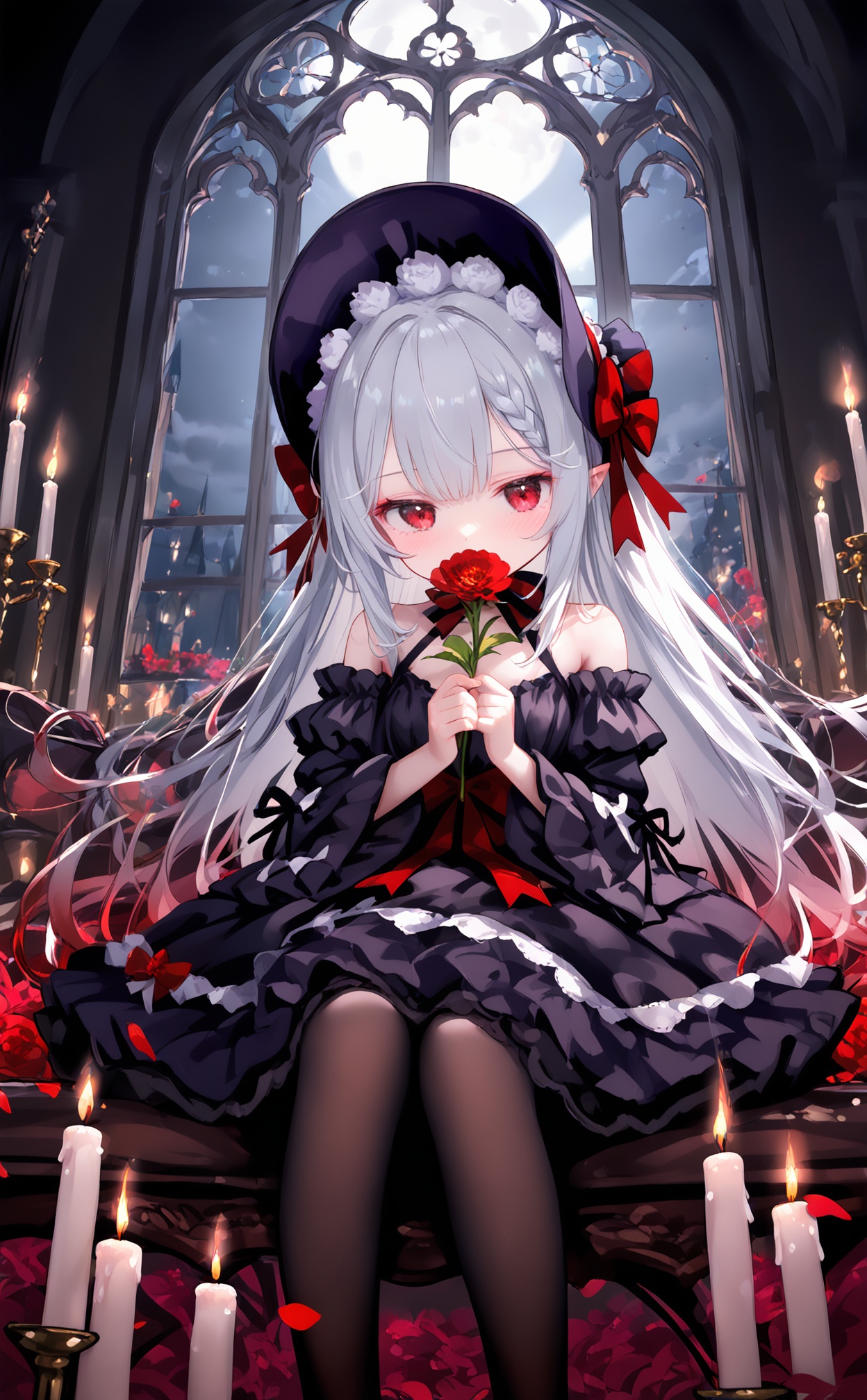 masterpiece,very aware,(highres),absurdres,newest,best quality,high quality,loli,petite,chromatic_aberration,//,loli,1girl, flower, dress, holding flower, candle, solo, holding, pointy ears, red eyes, black dress, red flower, long hair, multicolored hair, bare shoulders, gradient hair, indoors, red hair, candlestand, braid, moon, bonnet, window, white hair, bow, grey hair, sitting, black headwear, off-shoulder dress, full moon, covered mouth, long sleeves, petals, very long hair, black bow, red bow, lolita fashion, night, wide sleeves, detached sleeves, hair bow, blush, gothic lolita, off shoulder//,//,<lora:nai4zhengliu——【noob】hans:1>,