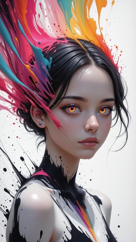 high_quality, highres, beautiful, detailed, (masterpiece, best quality:1.2), absurdres, 8k, HDR,  A striking, surreal portrait of a young woman emerging from a splash of vivid, flowing colors, blending realism with abstract expression. Her face is delicately painted, with intense, piercing eyes that reflect a quiet strength and mystery. The color palette is a mesmerizing mix of electric blues, pinks, and deep purples, creating a sense of energy and contrast that radiates from her. Her dark hair is tousled and appears to be infused with vibrant streaks of paint, blending into the background in dynamic splashes and drips that resemble abstract brush strokes and liquid art. The colors appear as if exploding from her form, giving the impression of movement and transformation, as if she is part of the paint itself. Shadows and highlights on her skin are tinted with these same colors, giving her an otherworldly, ethereal look. The lower part of her figure dissolves into abstract splatters, as if she is fading into or emerging from this colorful chaos. This fusion of realism and abstract splashes conveys a sense of emotion, creativity, and inner strength, with her intense gaze anchoring the viewer amidst the vibrant chaos,, <lora:DetailerV2IL:1>,