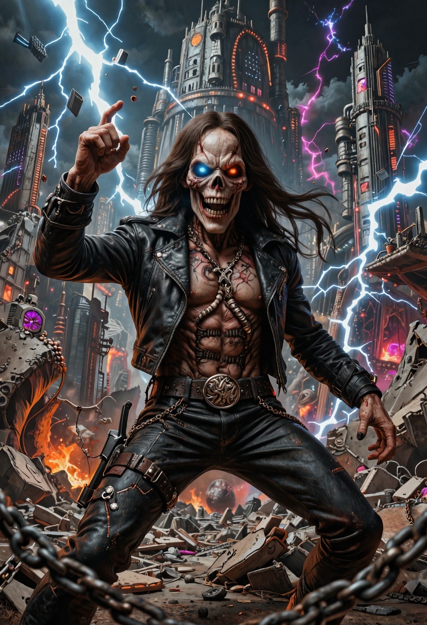 masterpiece,  undead rock mascot emerging from a ruined futuristic city,  glowing eyes on Tensor.Art