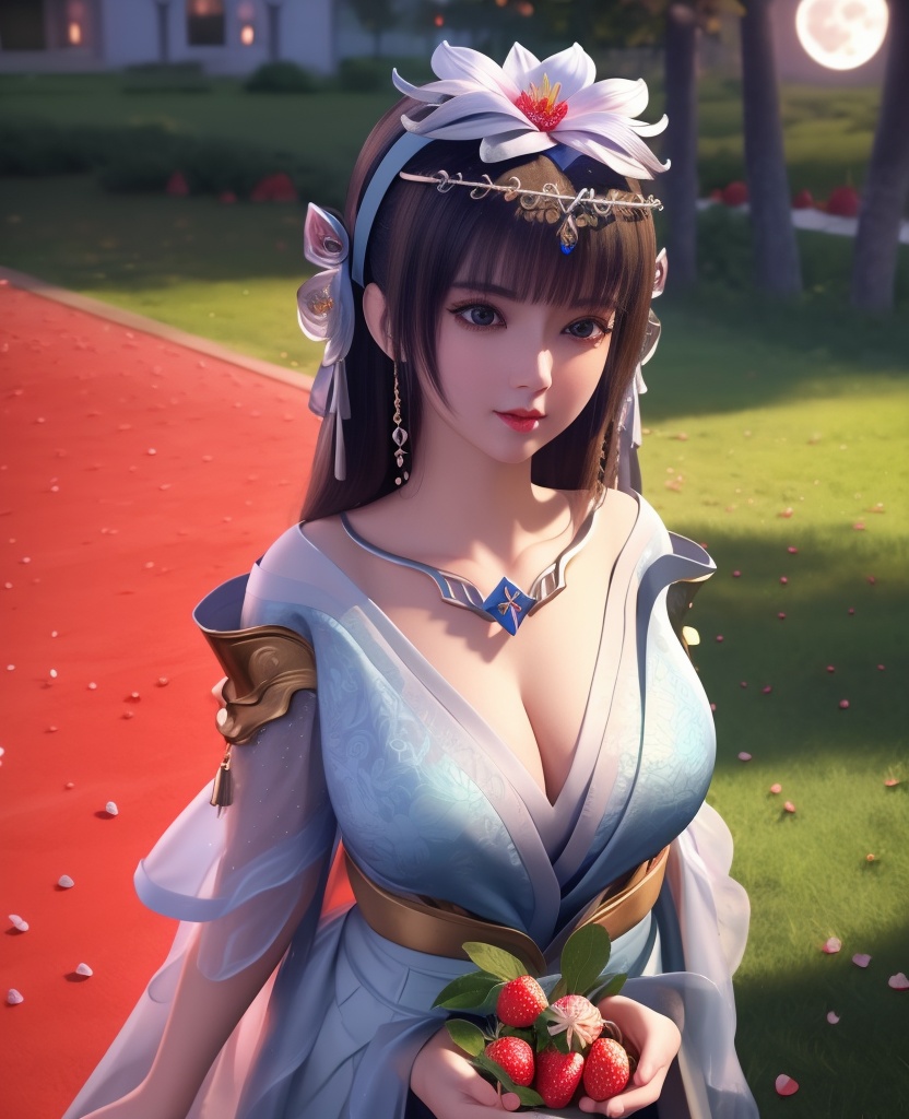 <lora:568-DA-星辰变-姜妍:0.8>(,1girl, ,best quality, ),looking at viewer,  ,ultra detailed background,ultra detailed background,ultra realistic 8k cg, , ,masterpiece, (( , )),, ultra realistic 8k cg, ,      ,lily \(flower\) ,full moon ,strawberry blossoms      (cleavage), (),