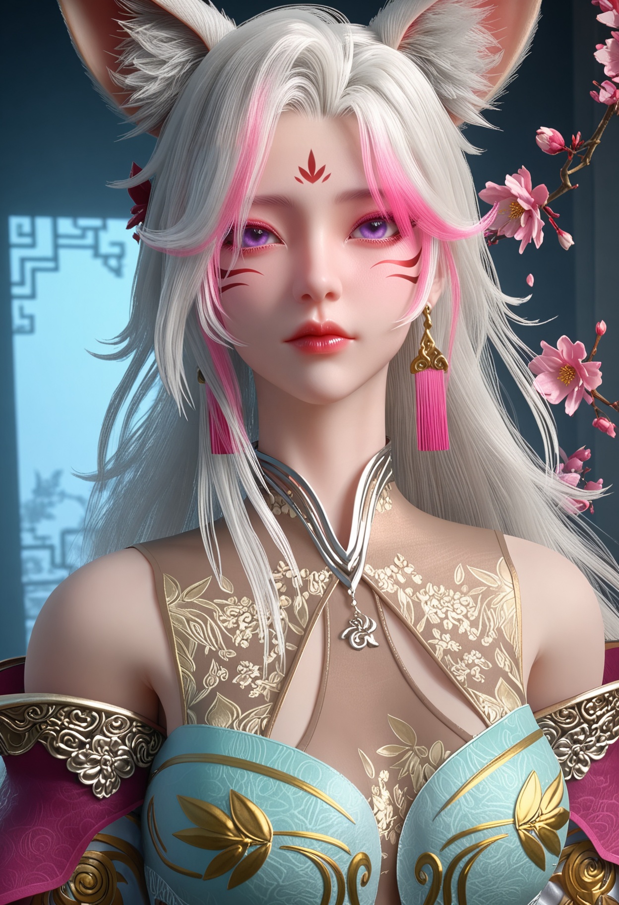 (upper_body:1.2),(looking at viewer:1.1),facing viewer,direct gaze,(masterpiece:1.1),(best quality:1.2),(intricate details),(smog:1.3),(Dark room:1.3),(dim lighting:1.3),peach blossom,falling petals,<lora:YQ_Illustrious光辉v5_小狸_服装1_V1:0.8>,q1528437228,1girl,solo,long hair,animal ears,facial mark,purple eyes,jewelry,dress,earrings,forehead mark,hair ornament,glowing,high heels,masterpiece,(best quality),(intricate details:0.9) BREAK (intricate details:0.9),(realistic skin:1.2),masterpiece,best quality,newest,absurdres,hiahres,