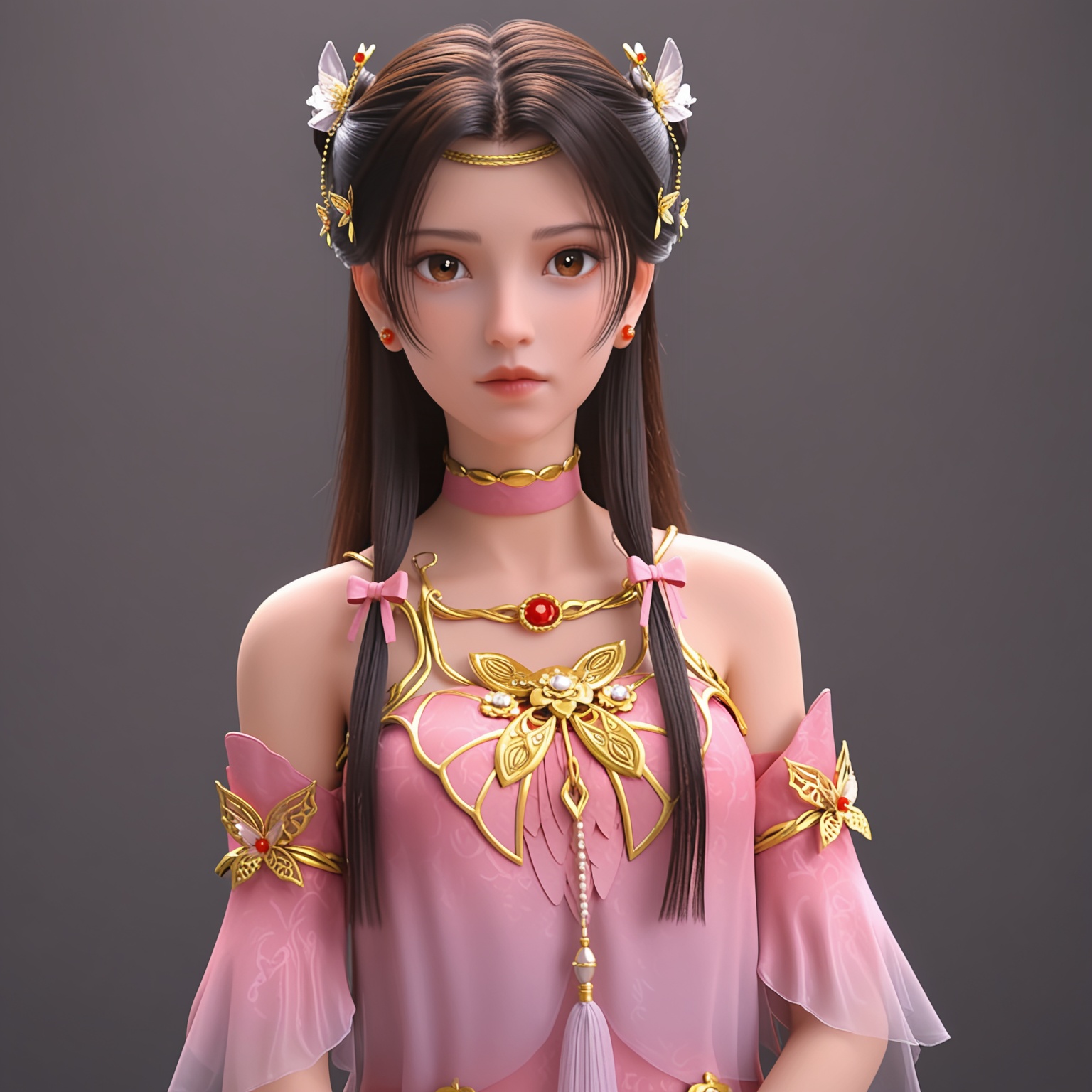 <lora:YQponytianlingerV4:0.8>,q1528437228,solo,jewelry,long_hair,hair_ornament,black_hair,dress,bare_shoulders,earrings,necklace,brown_eyes,choker,brown_hair,bracelet,detached_sleeves,realistic,pink_dress,see-through,hair_bun,pink_bow,ribbon,BREAK score_9,upper_body,portrait,shiny_skin,(looking at viewer:1.1),cinematic lighting,volumetric lighting,solo focus,(huge breasts:0.9),(simple background,pure black background,black background:1.1),