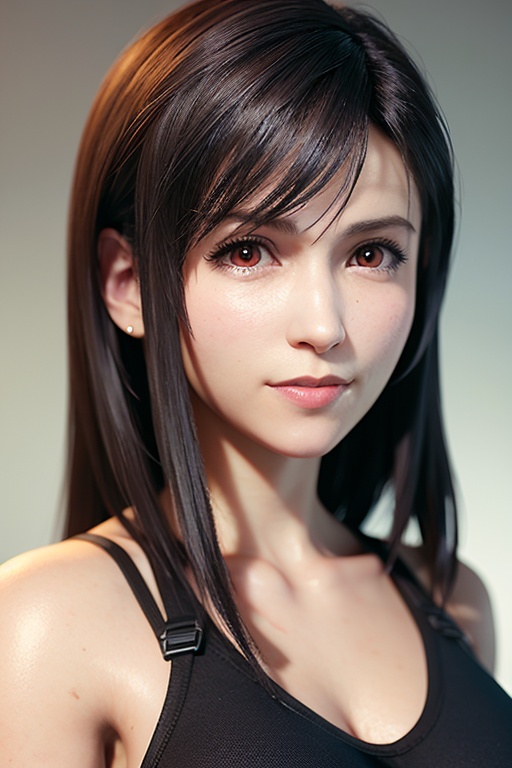 tifa, 1girl, solo, looking at viewer, portrait, grey background, collarbone, smile, closed mouth, front view,Best quality,masterpiece,ultra high res,<lora:tifa3rface-000005:0.7>,
