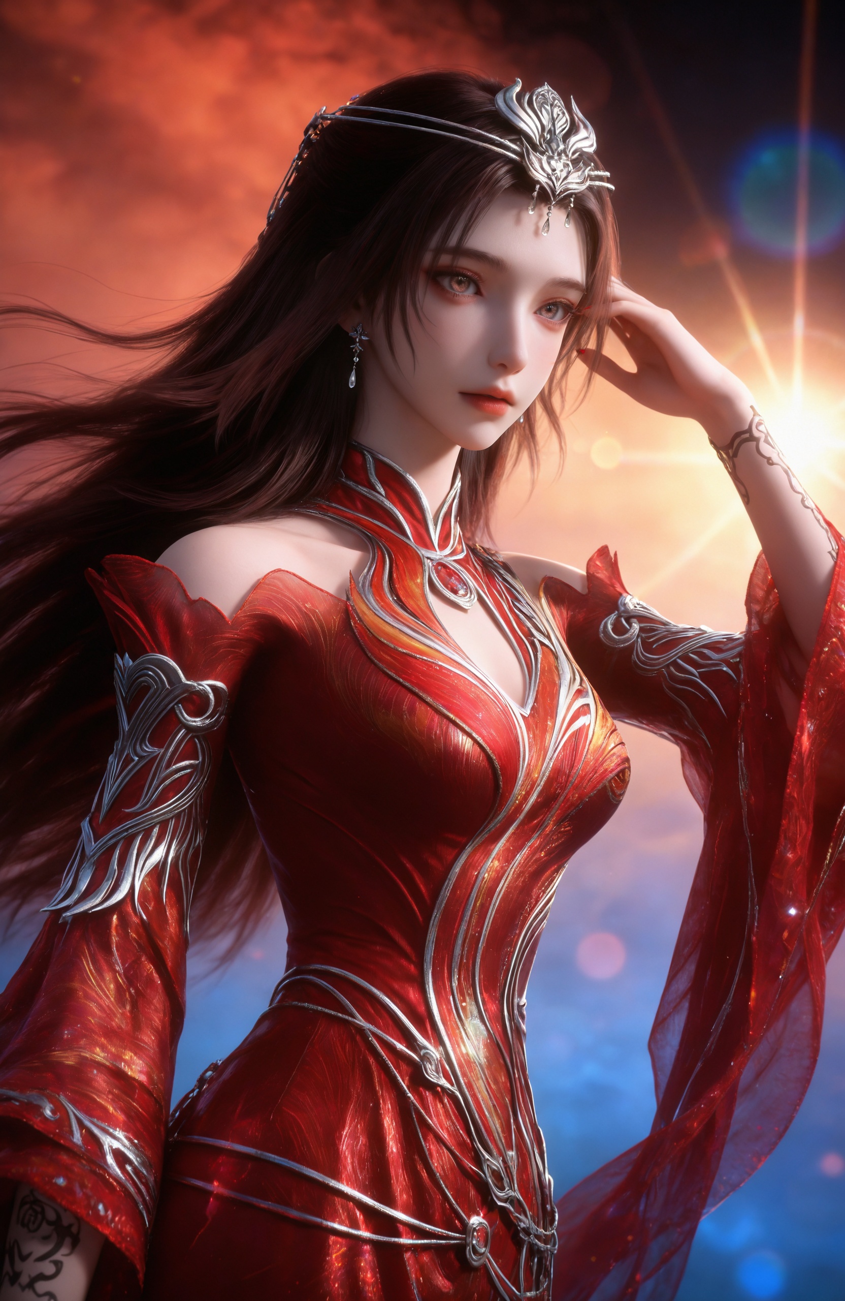 <lora:神墓3-灵尸雨馨IL:0.8>1girl,  long hair, brown hair, hair ornament, dress,  jewelry, bare shoulders, earrings, detached sleeves, clothing cutout, bare legs,  red nail polish,red dress, tiara, arm tattoo,, realistic style photo,outstanding style,Use soft lighting to cast gentle shadows on the subject,adding a touch of dimension to your images without compromising details,whirls of vapor,(Anime:1.1),soft neon light,ethereal ambiance,delicate details,magical atmosphere,concept art,highly detailed,ultra-high resolution,32K UHD,sharp focus,best-quality,masterpiece,golden hour,unconventional supreme masterpiece,masterful details,temperate atmosphere,with a high-end texture,in the style of fashion photography,magazine style,Dynamic Angle,Dynamic posture,magazine style,Dynamic Angle,Dynamic posture,(cowboy_shot:1.2),eye trail,depth of field,cinematic lighting,lens flare,close-up,extreme aesthetic,(wlop:0.6),(honjou raita,lack,rella,wanke:0.5),masterpiece,best quality,good quality,newest,year 2025,very aesthetic,absurdres,Visual impact,A shot with tension,ultra-high resolution,32K UHD,sharp focus,best-quality,masterpiece,Emotionalization,unconventional supreme masterpiece,masterful details,temperate atmosphere,with a high-end texture,in the style of fashion photography,(Visual impact:1.2),giving the poster a dynamic and visually striking appearance,, solo,upper body,looking at viewer,gradient background,gradient,blue background,black background,