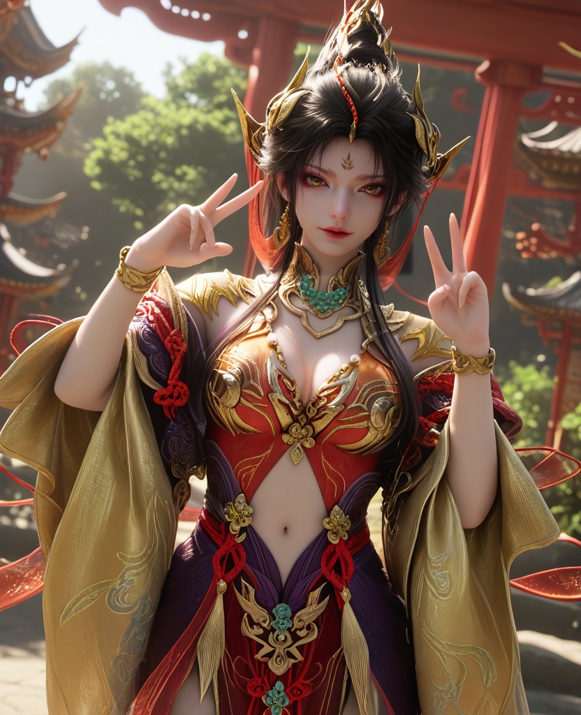 (oriental architecture, elegant decor, sophisticated style:1.1),(victory pose:1.1),(breasts:1.2),<lora:永劫无间南宫锦五丰太岁:0.95>,miss nangongjin,orange red corset dress with plum,yellow eyes,eyeshadow,forehead mark,black hair,traditional chinese updo with long front strands,hair ornament,earrings,jewelry,claw ring,wide flowing sleeves,cleavage,, score_9,score_8_up,score_7_up,score_6_up,score_5_up,score_4_up,3d rendering,tag1,tag2, Cinematic Lighting,backlighting,