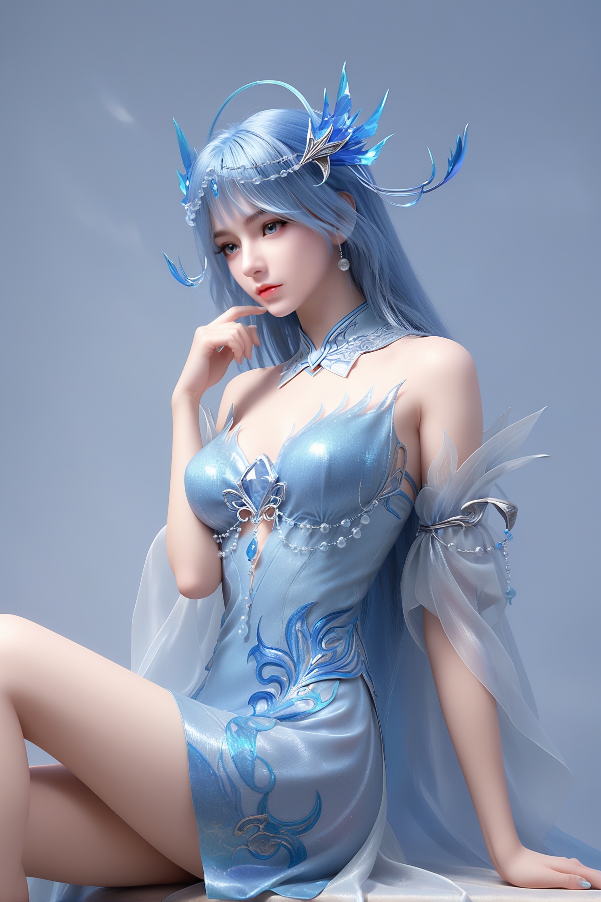 score_9,score_8_up,score_7_up,<lora:wy_lanxian_XL7.0:0.8>,blue hair,blue eyes,1girl,long hair,breast,medium breast,hair_ornament,dress,bare_legs,sitting,simple background,