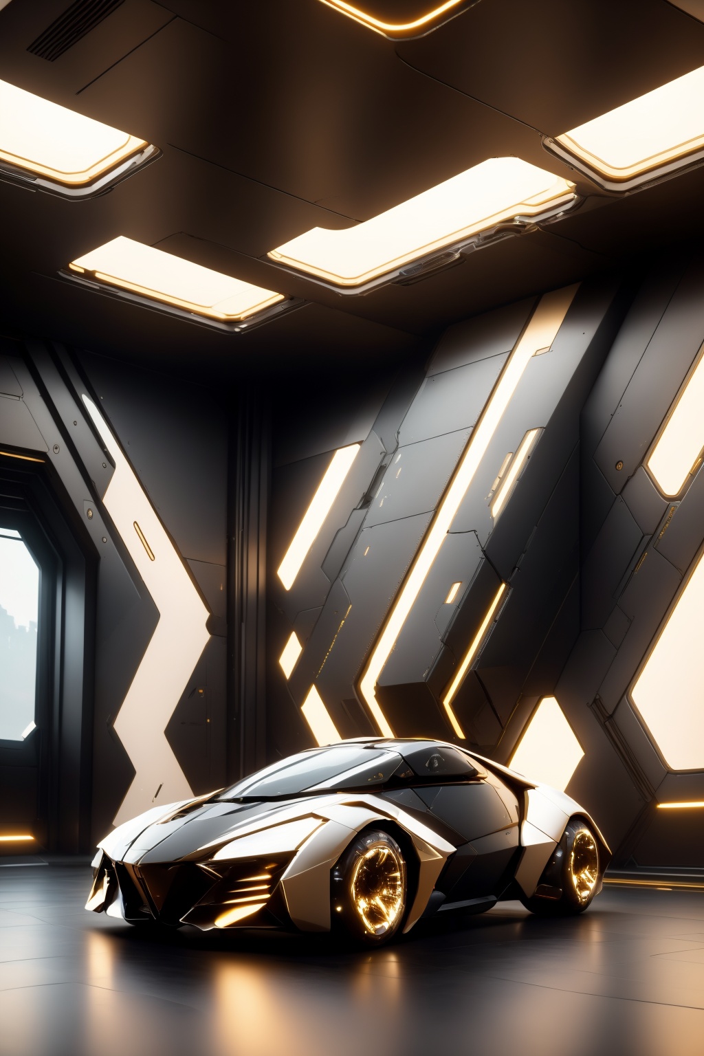 AgainCyberpunk, no humans, science fiction, lights, robot, glowing, mecha, realistic, light, indoors, lamp, machinery