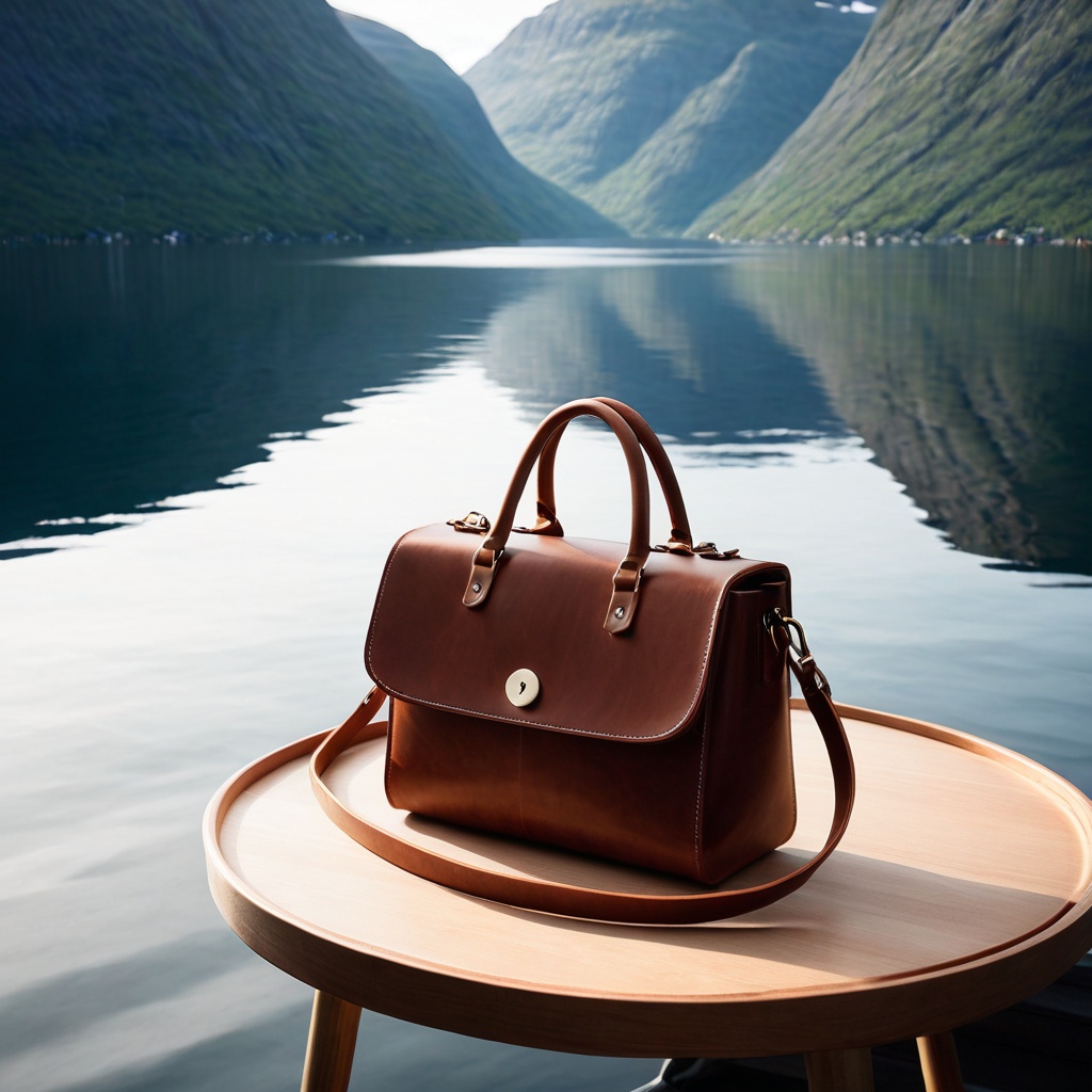 scenenordifjord,  a leather handbag,  Nordic fjord-side cabin table on Tensor.Art