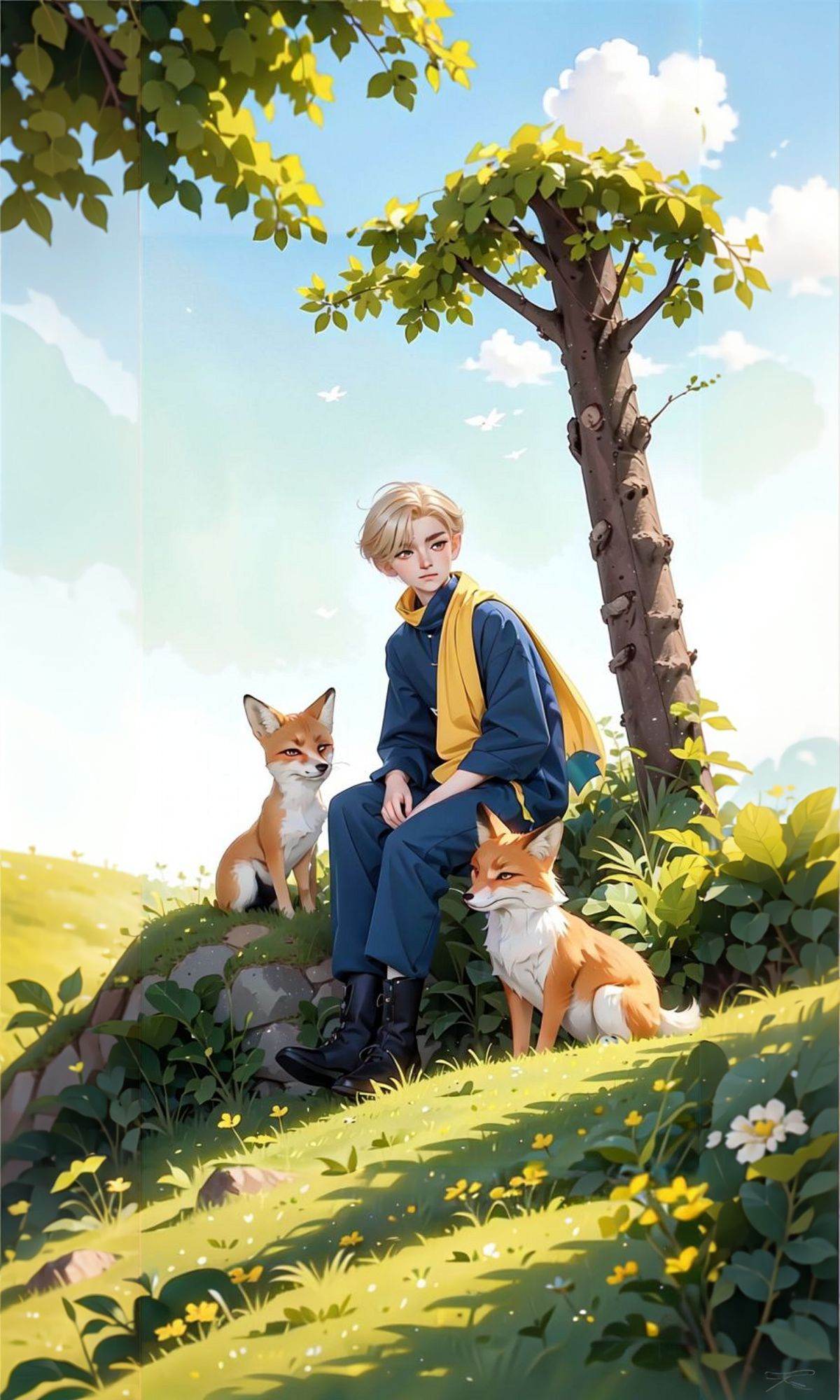 (Masterpiece:1.2), (best quality:1.2), (ultra high resolution:1.2), An illustration of a young boy, reminiscent of the Little Prince, sitting on a grassy hilltop with a red fox by his side. The art form is reminiscent of a gentle watercolor painting, capturing the innocence and wonder of childhood. The boy wears a blue outfit, with short blonde hair and a long yellow scarf draped around his neck. The grass is lush and green, and the sky above is filled with fluffy white clouds. The boy and the fox exchange a heartfelt gaze, their connection symbolizing the beauty of friendship and understanding. The atmosphere is serene and peaceful, evoking a sense of tranquility and the magic of imagination. , <lora:LovelyDoll3.0:0.65>