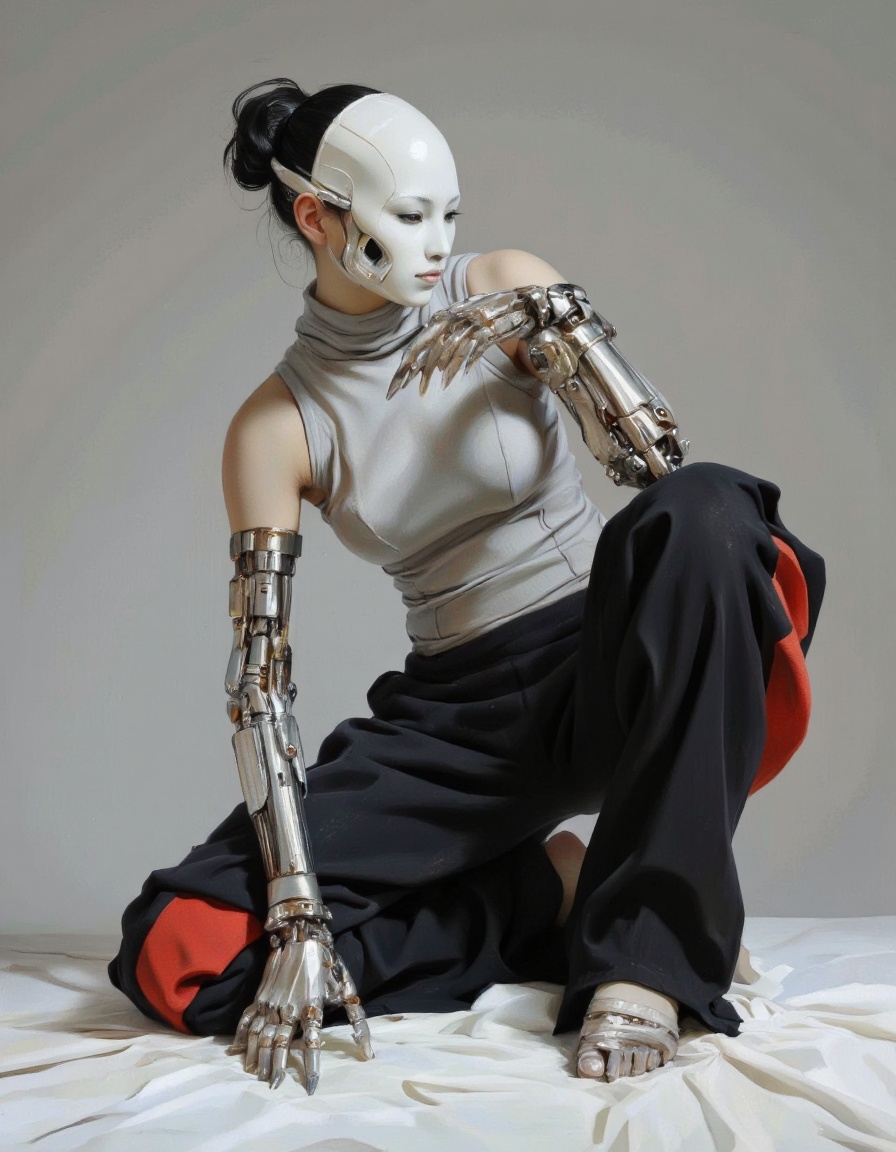 This is a high-quality digital painting of a futuristic,  cybernetic character in a dynamic,  low-angle pose. The characte...