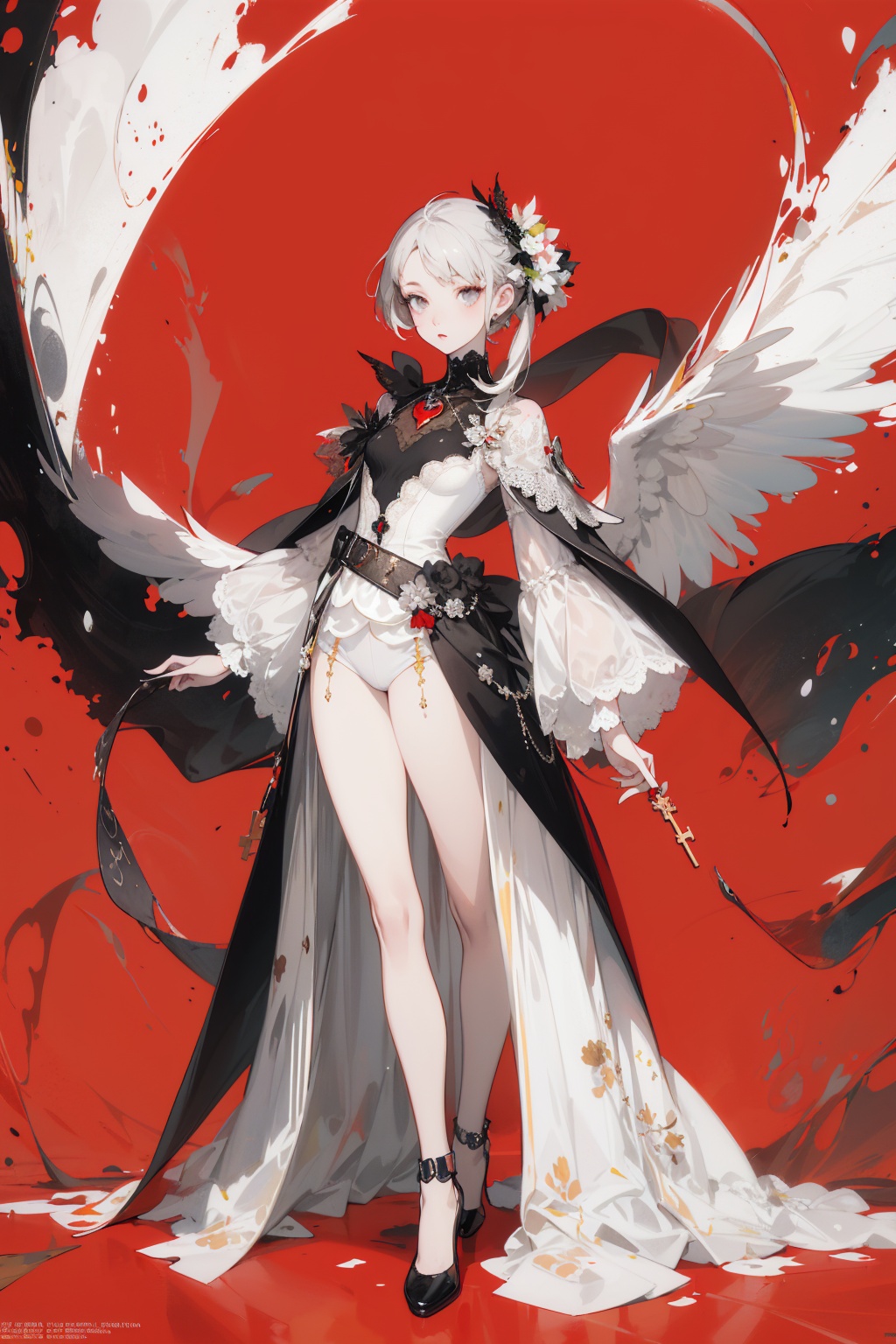 masterpiece,best quality,High Resolution,Highly Detailed,(Low Contrast:1.1),1gilr,solo,Full body photo,official art,red background,flat color,partially colored,persona 5,|key visual| intricate| highly detailed| breathtaking beauty| digital lineart| vibrant| Aestheticism Painting,