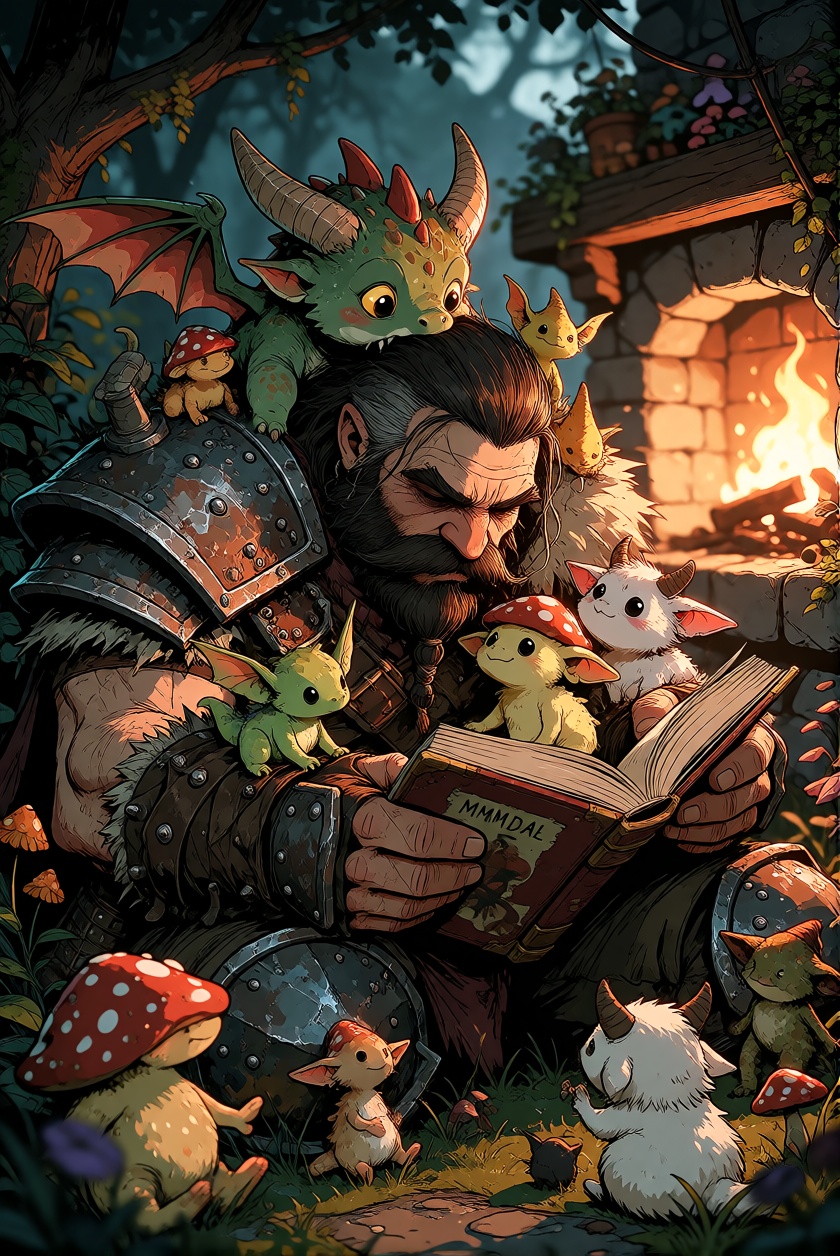 MMMDaal,  a heavily armored barbarian running a daycare for tiny magical creatures,  baby dragons on Tensor.Art