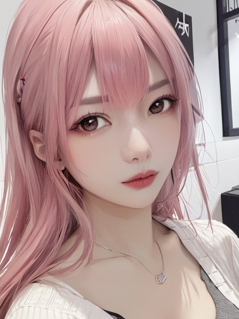 doudou,1girl,pink hair,white esports earphones,(masterpiece, top quality, best quality, art, beautiful and aesthetic:1.2),extreme detailed,highest detailed,Realistic skin texture,realistic photos,realistic,white background,<lora:doudou-000009:1>,standing,close-up,