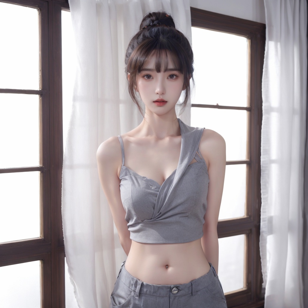 1girl,arms_behind_back,black_hair,breasts,brown_eyes,collarbone,curtains,hair_bun,lips,looking_at_viewer,mole,realistic,solo,standing(bellyband:1.3),<lora:20231109-1699510907344:0.6>