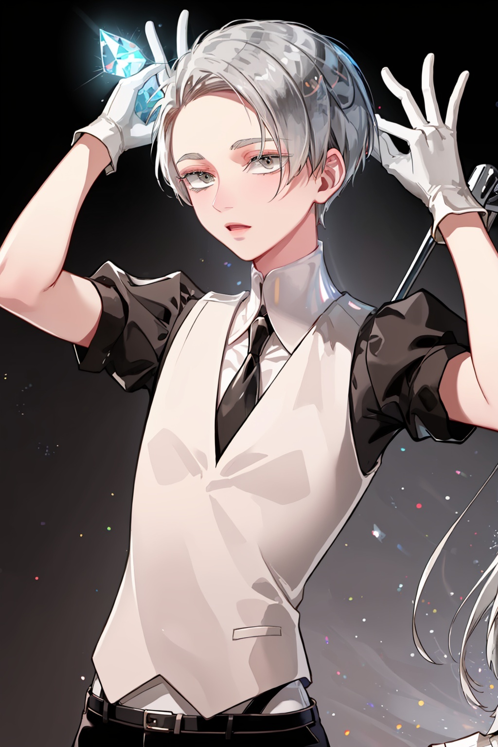masterpiece,best quality, highly detailed, cairngorm (houseki no kuni),androgynous, gem uniform (houseki no kuni), 1other, solo, necktie, gloves, suspenders, colored eyelashes, see-through,<lora:cairngorm_(houseki_no_kuni):1>
